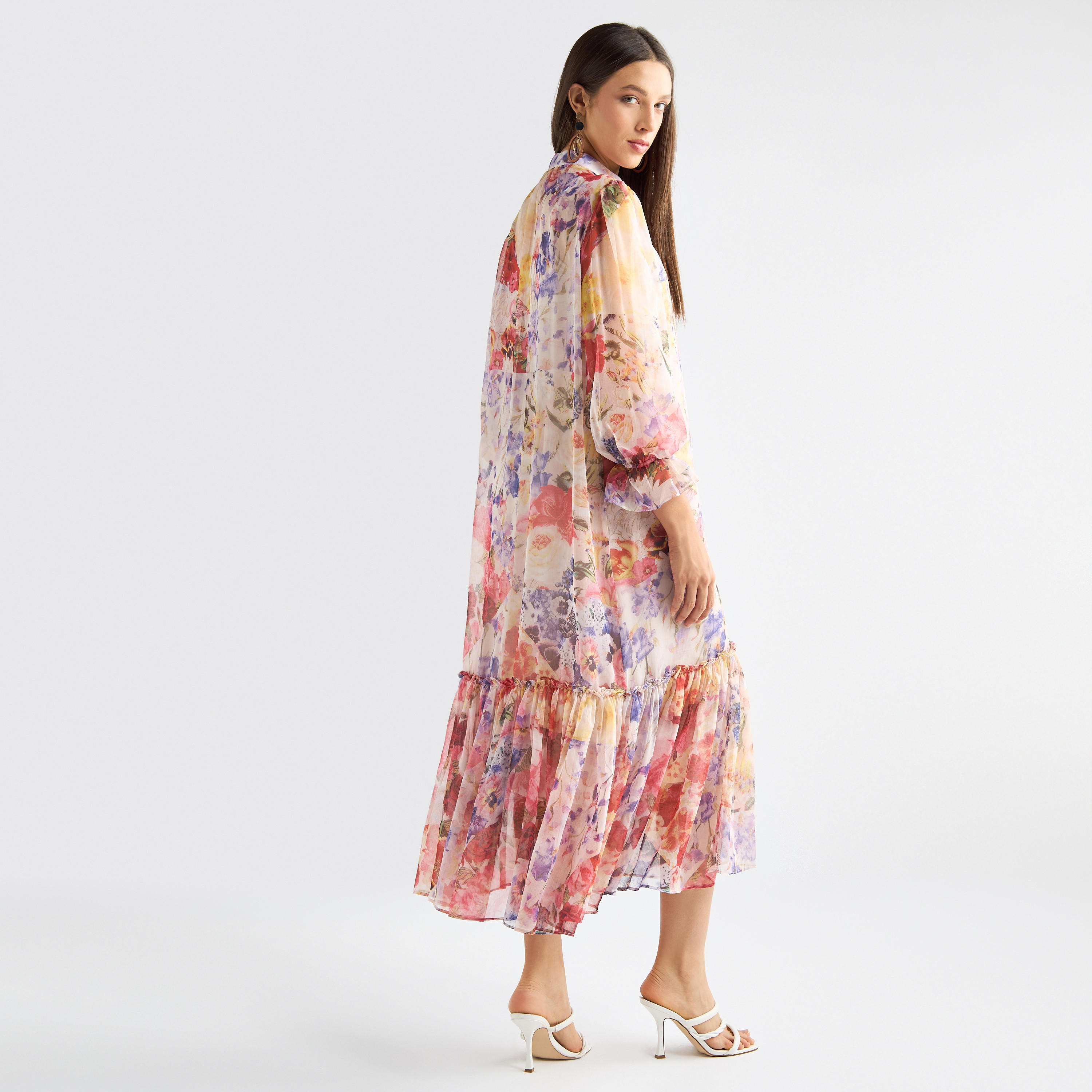 All-Over Floral Print Mandarin Collar Dress with Volume Sleeves and Flounce Hem-women-clothing-dresses-image-15