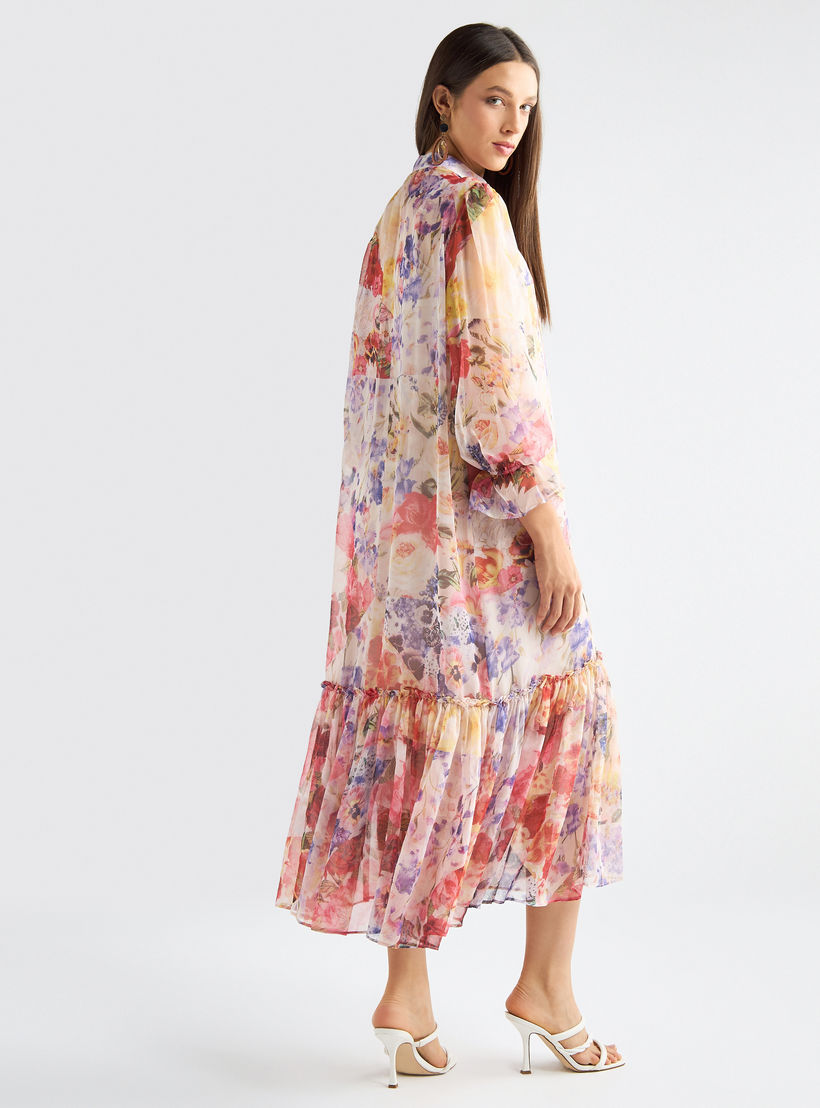 All-Over Floral Print Mandarin Collar Dress with Volume Sleeves and Flounce Hem-women-clothing-dresses-image-3