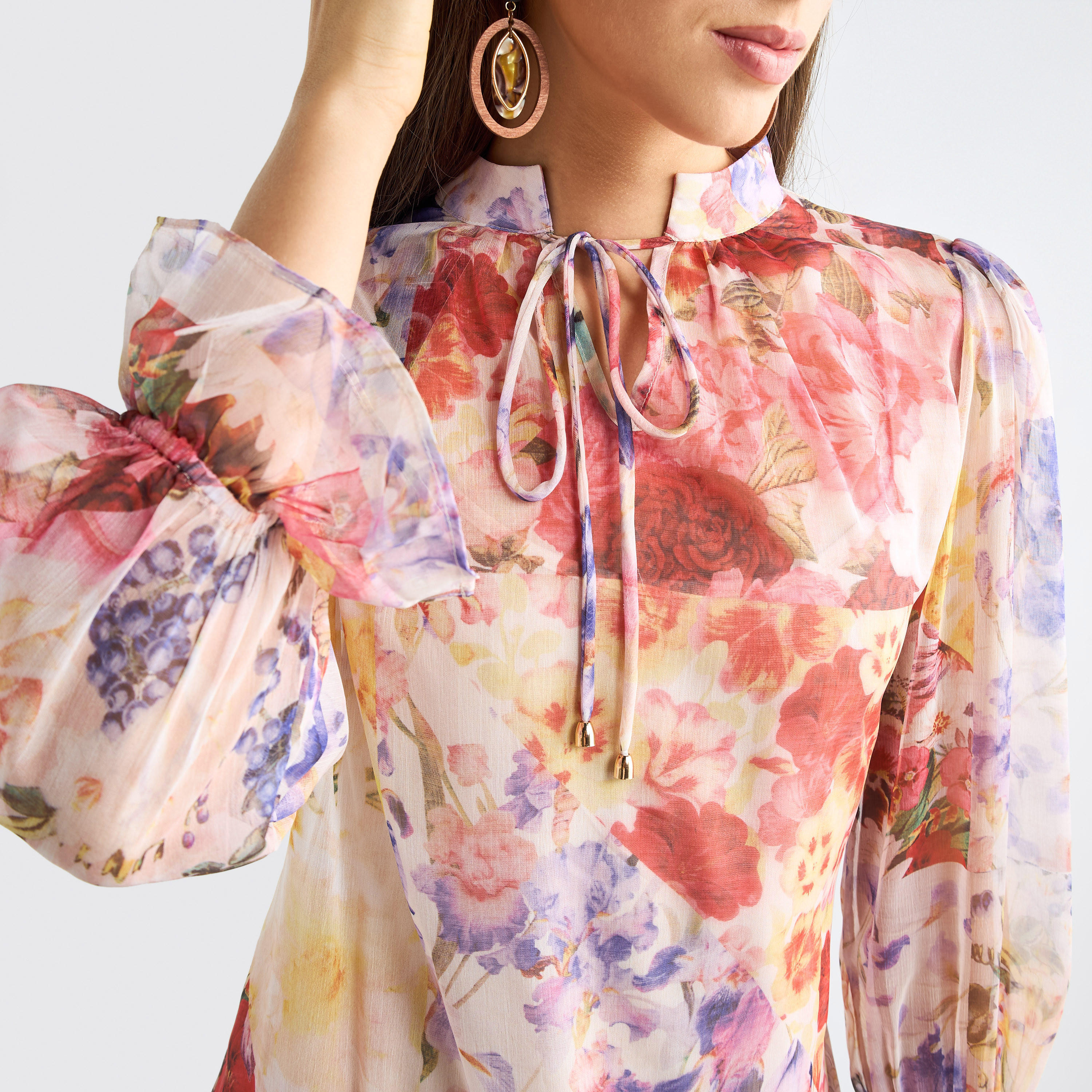 All-Over Floral Print Mandarin Collar Dress with Volume Sleeves and Flounce Hem-women-clothing-dresses-image-16