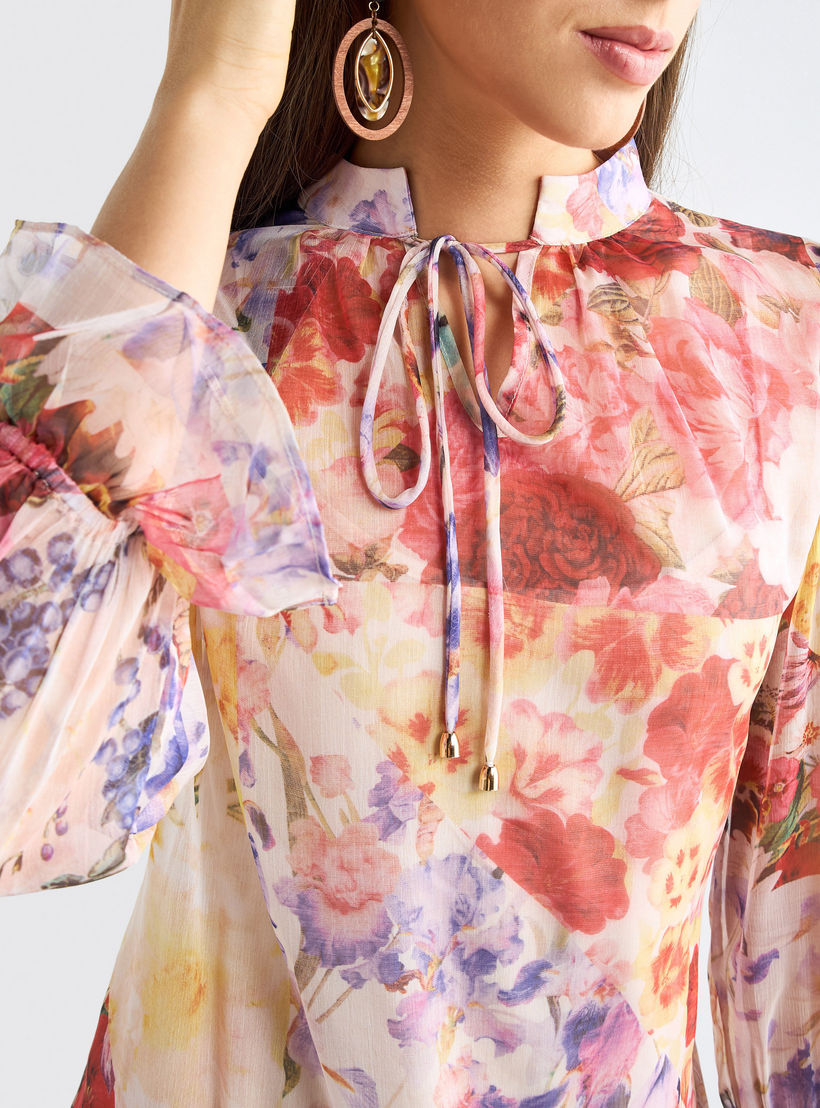 All-Over Floral Print Mandarin Collar Dress with Volume Sleeves and Flounce Hem-women-clothing-dresses-image-4