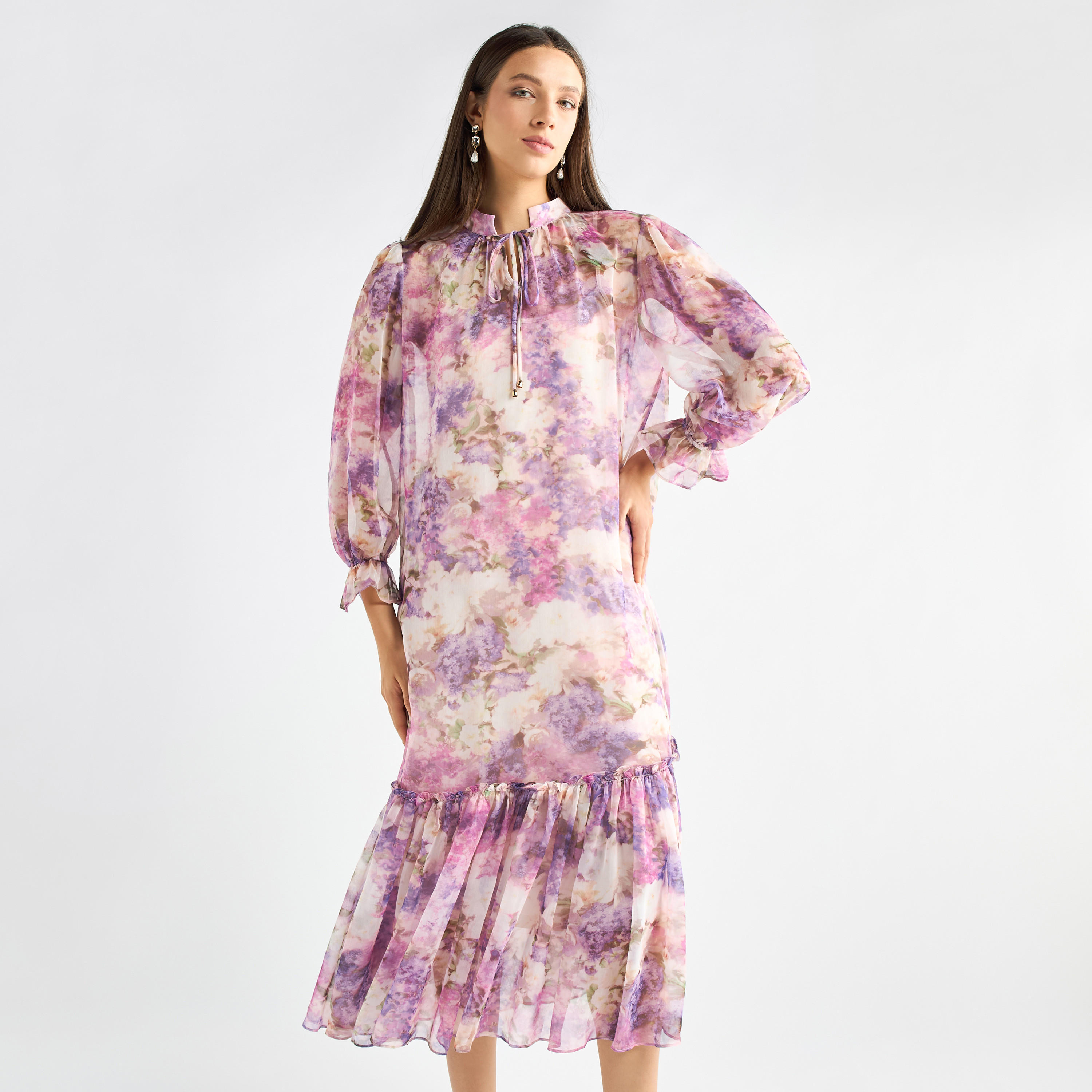 All-Over Floral Print Mandarin Collar Dress with Volume Sleeves and Flounce Hem-women-clothing-dresses-image-5
