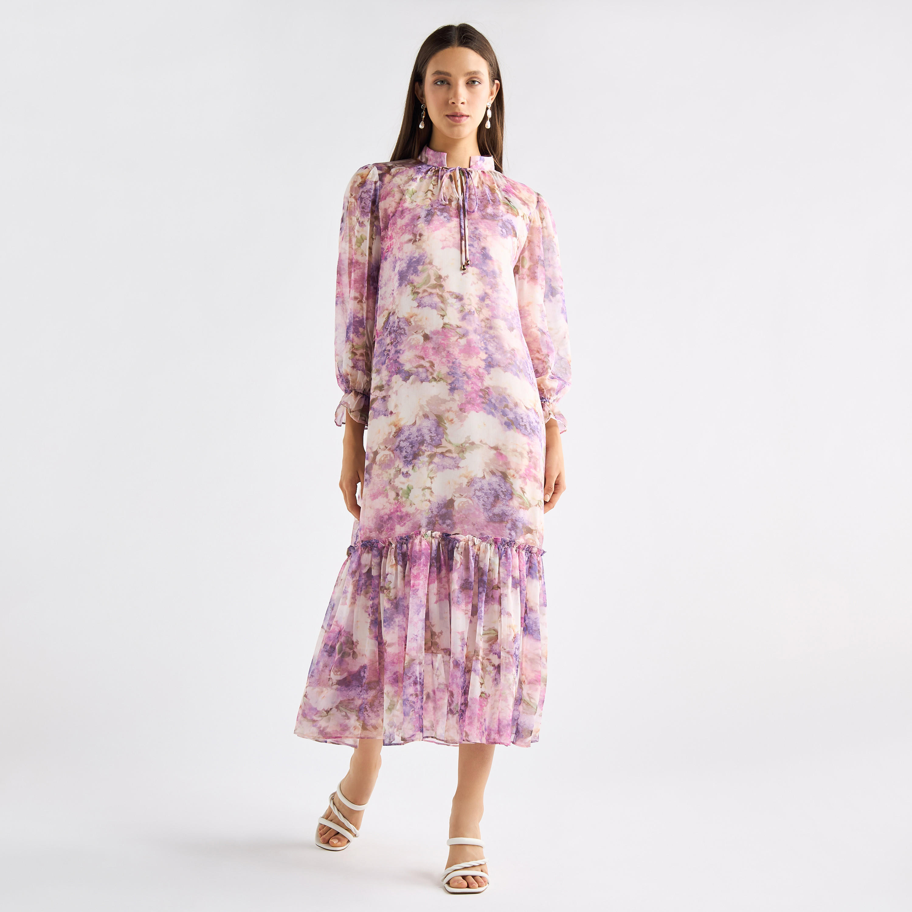 All-Over Floral Print Mandarin Collar Dress with Volume Sleeves and Flounce Hem-women-clothing-dresses-image-6