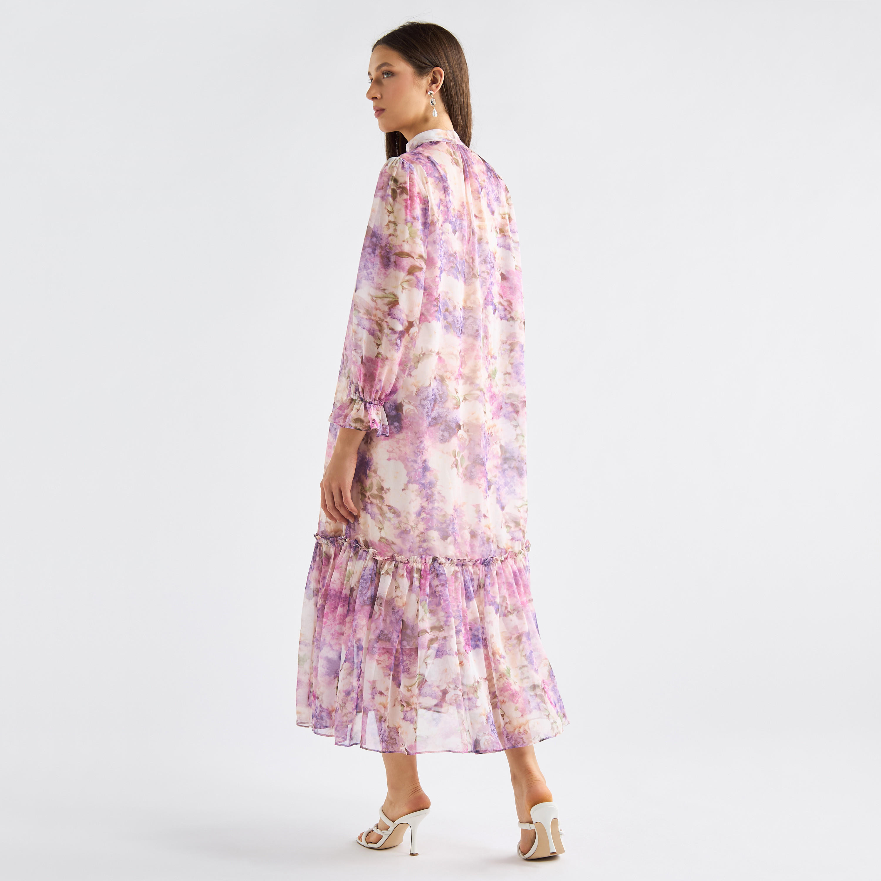 All-Over Floral Print Mandarin Collar Dress with Volume Sleeves and Flounce Hem-women-clothing-dresses-image-7