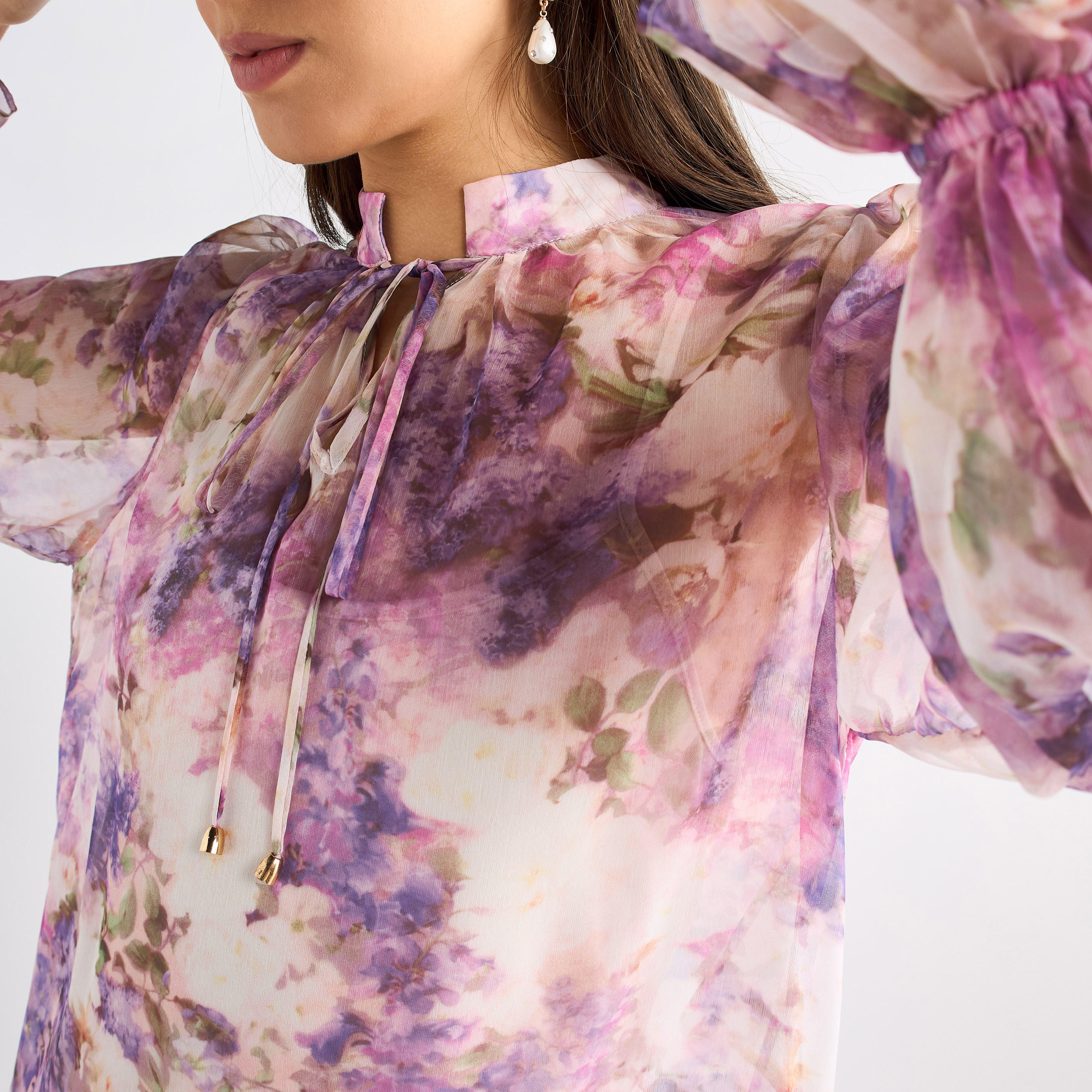 All-Over Floral Print Mandarin Collar Dress with Volume Sleeves and Flounce Hem-women-clothing-dresses-image-8
