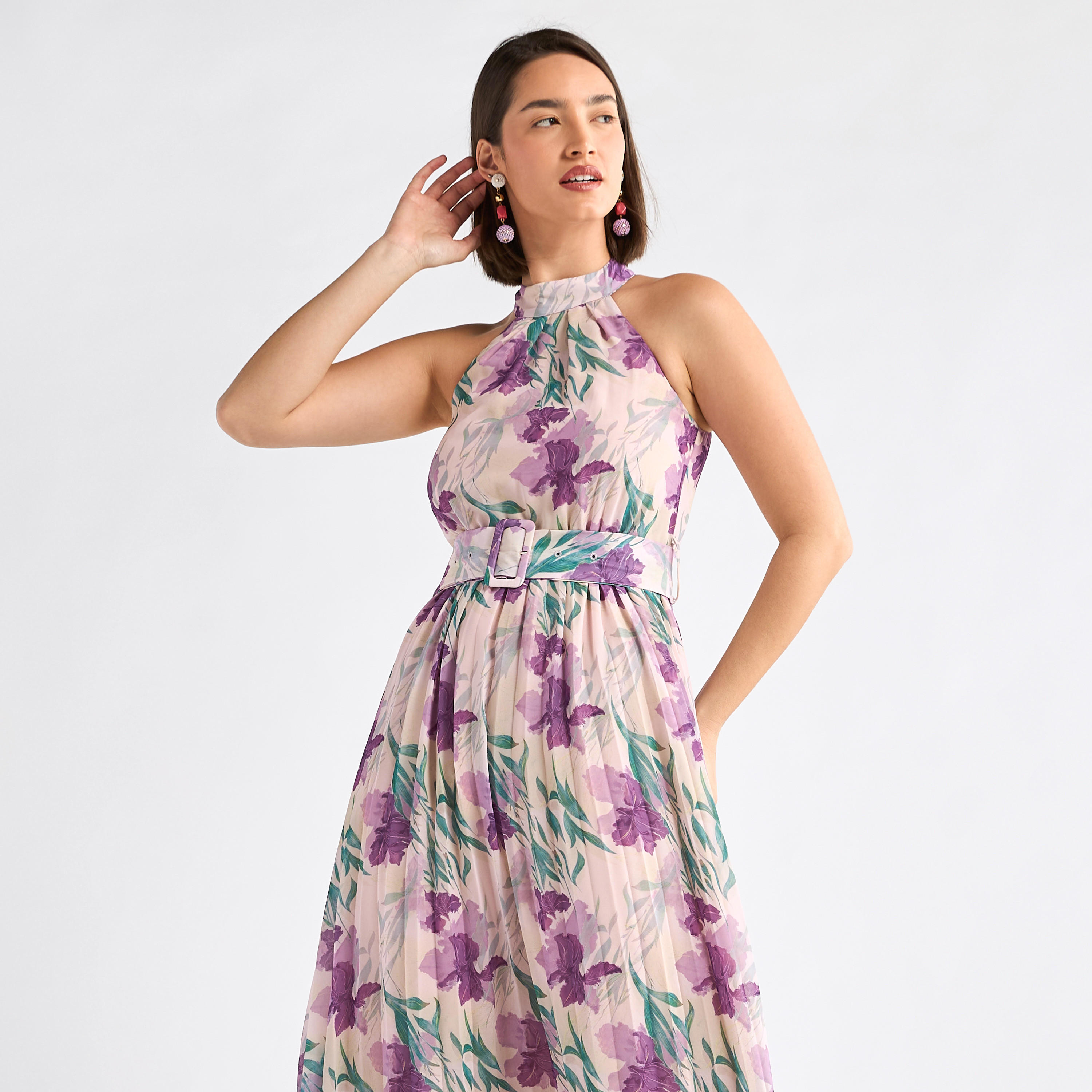 فستان بياقة هالتر وحزام وطبعات زهور-women-clothing-dresses-image-6