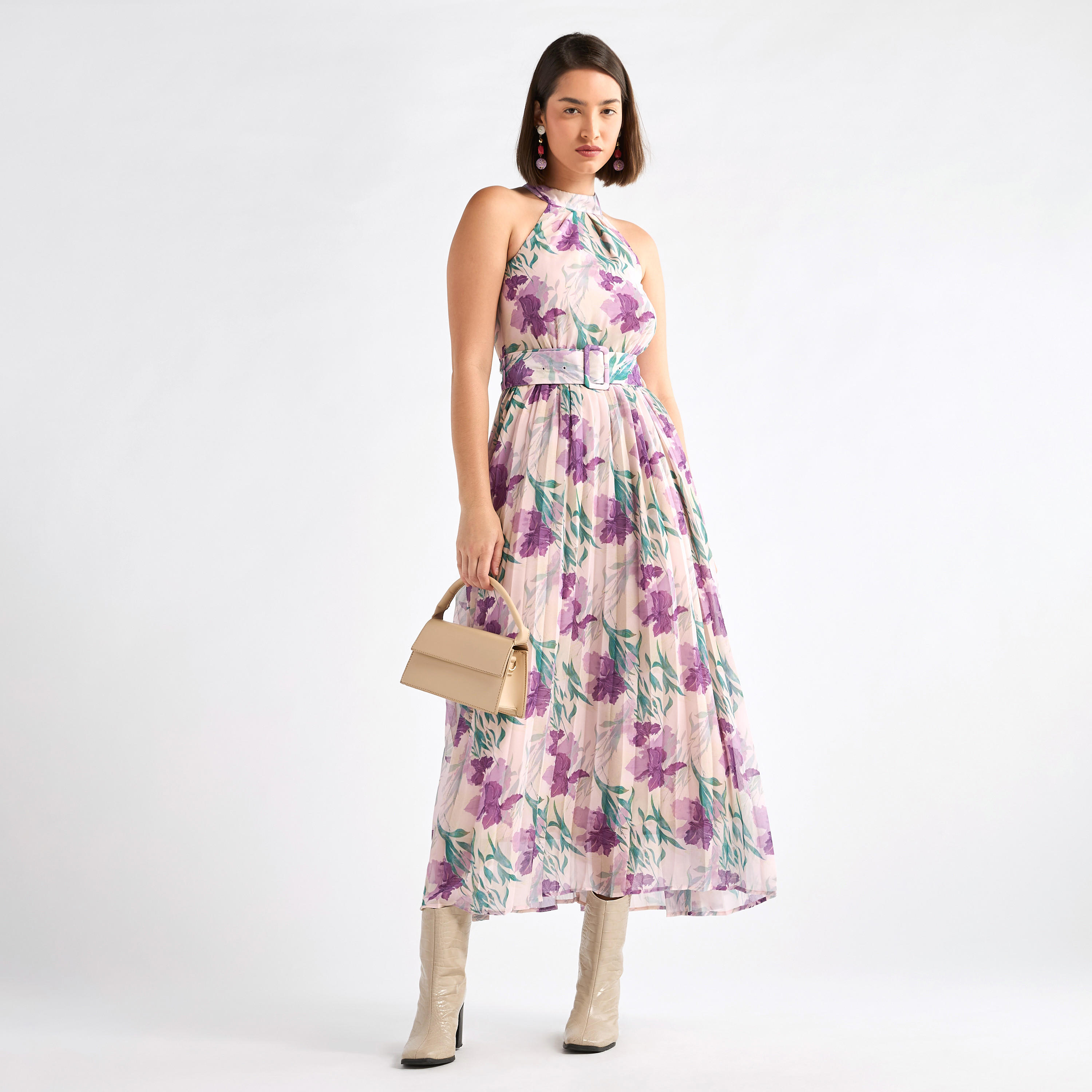 فستان بياقة هالتر وحزام وطبعات زهور-women-clothing-dresses-image-5