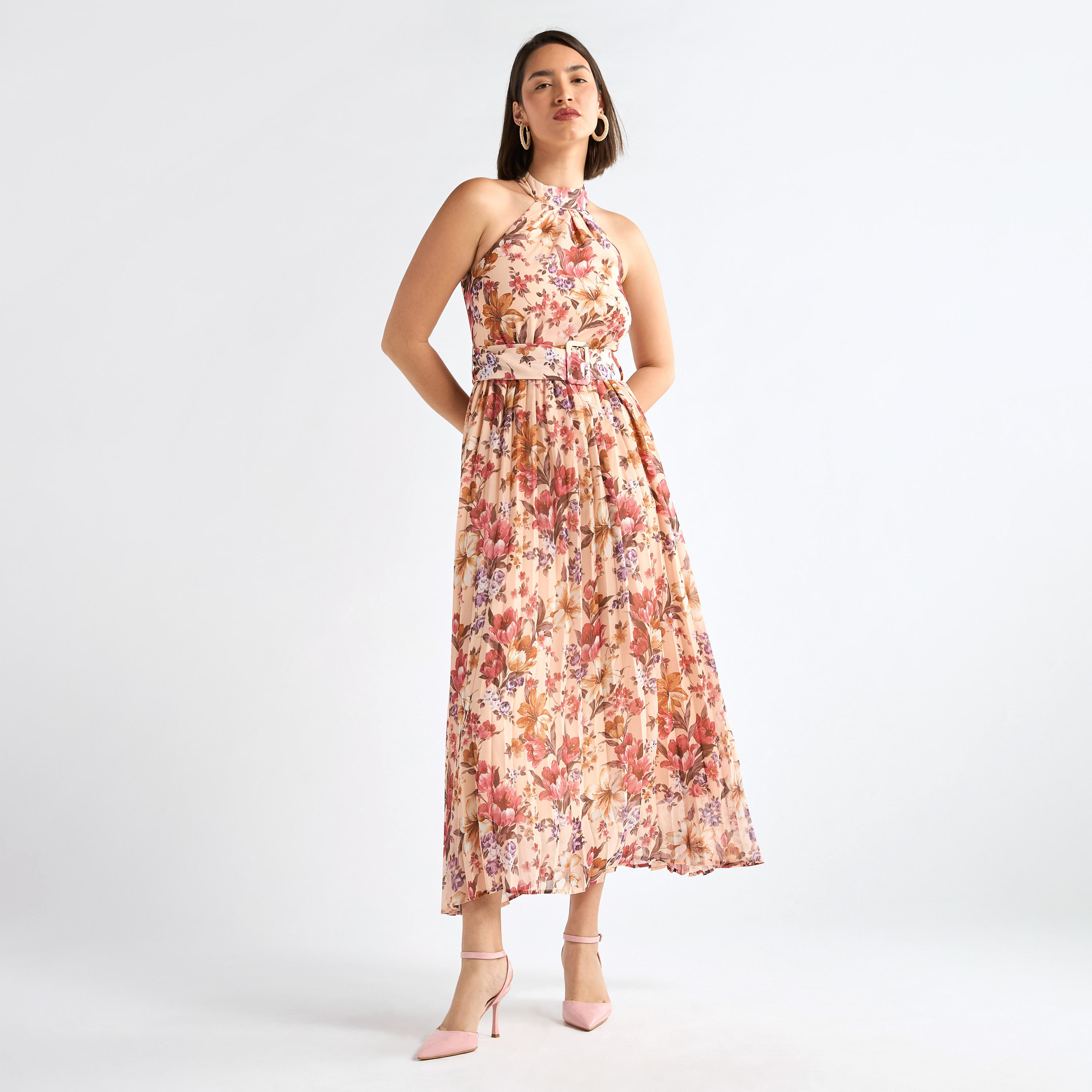 فستان بياقة هالتر وحزام وطبعات زهور-women-clothing-dresses-image-1