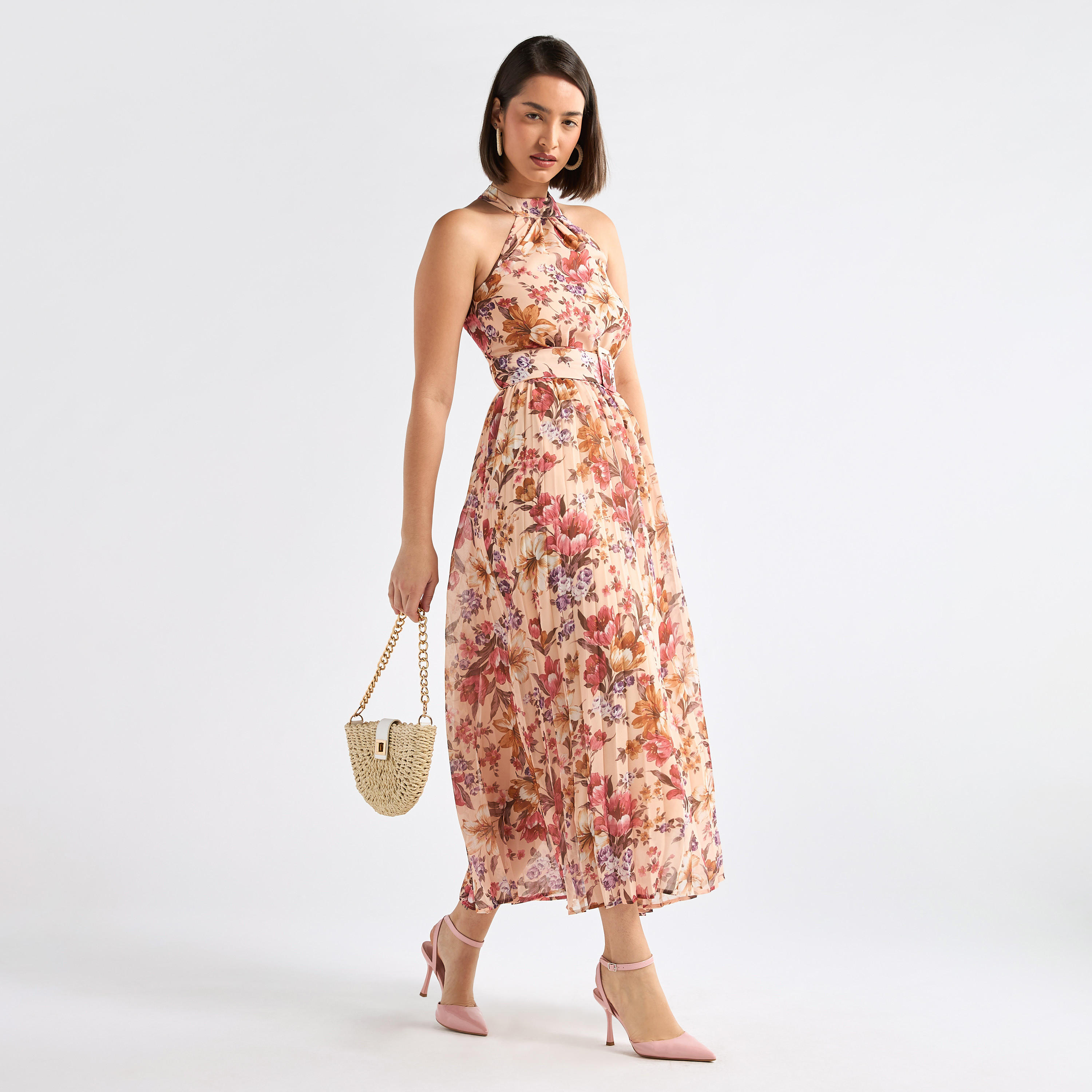 فستان بياقة هالتر وحزام وطبعات زهور-women-clothing-dresses-image-2