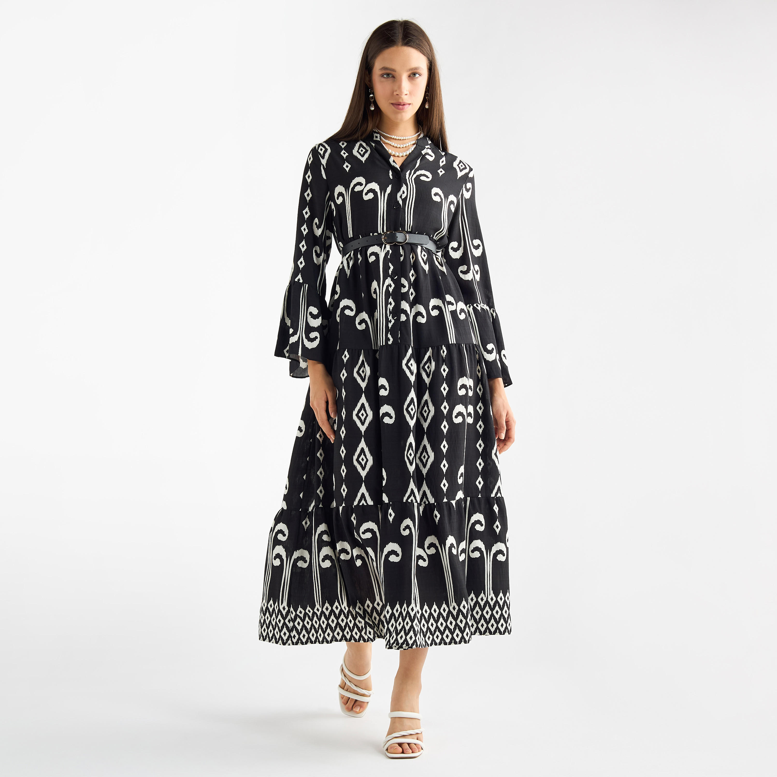 All-Over Print Mandarin Collar Dress with Bell Sleeves-women-clothing-dresses-image-1