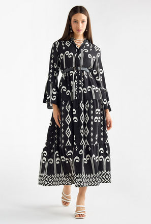All-Over Print Mandarin Collar Dress with Bell Sleeves-women-image-1