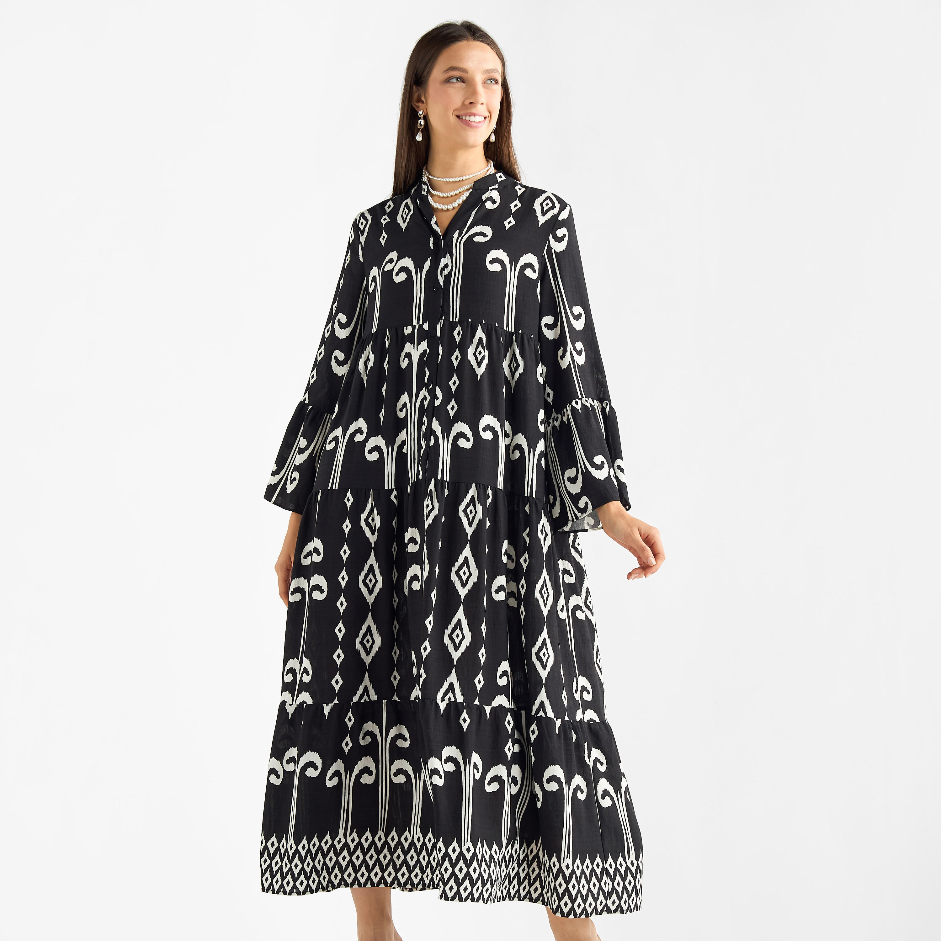 All-Over Print Mandarin Collar Dress with Bell Sleeves-women-clothing-dresses-image-2