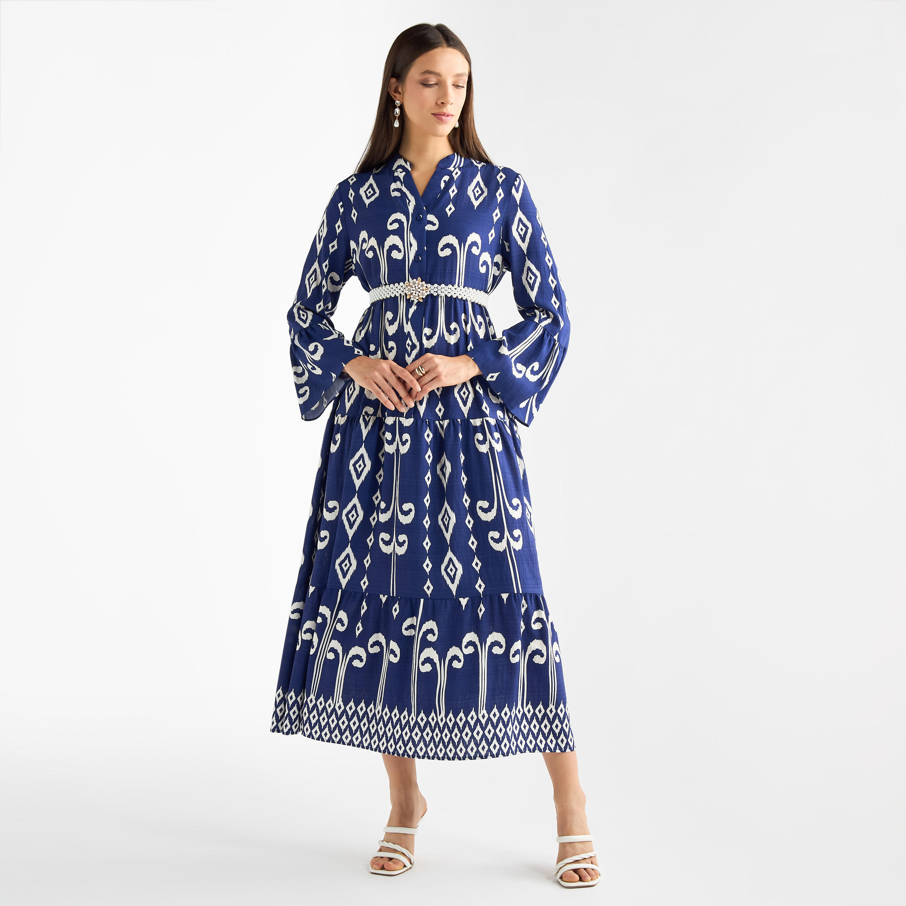 فستان بأكمام عريضة وياقة ماندرين بطبعات-women-clothing-dresses-image-1