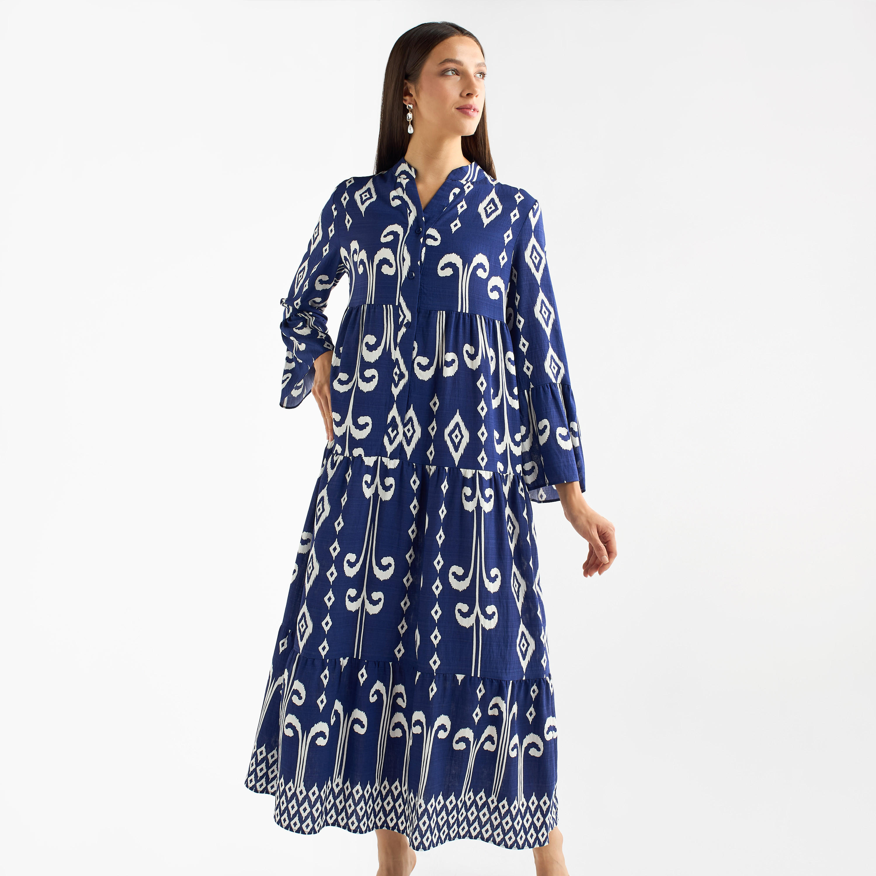 فستان بأكمام عريضة وياقة ماندرين بطبعات-women-clothing-dresses-image-2
