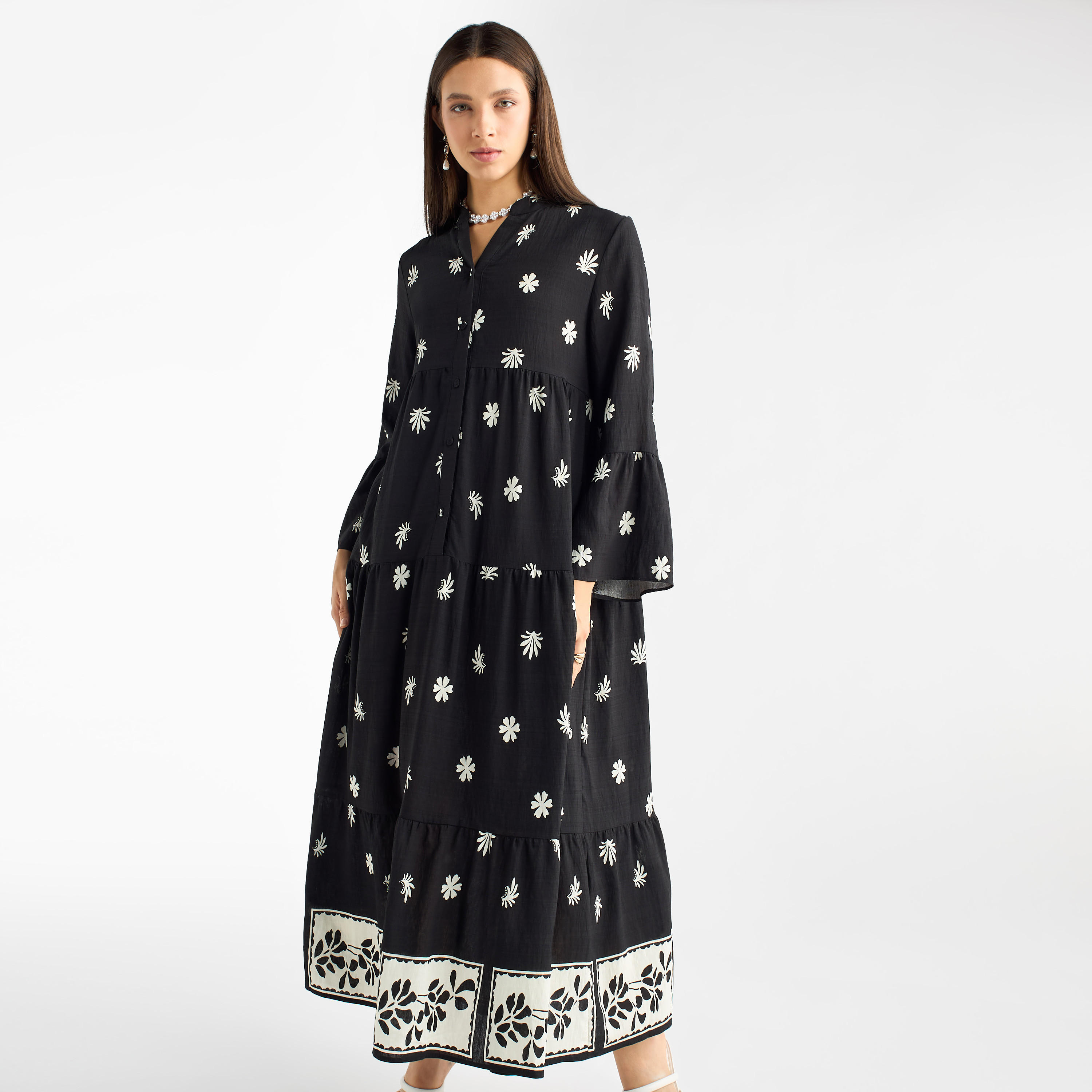 فستان بياقة ماندارين وأكمام عريضة بطبعات أزهار-women-clothing-dresses-image-1