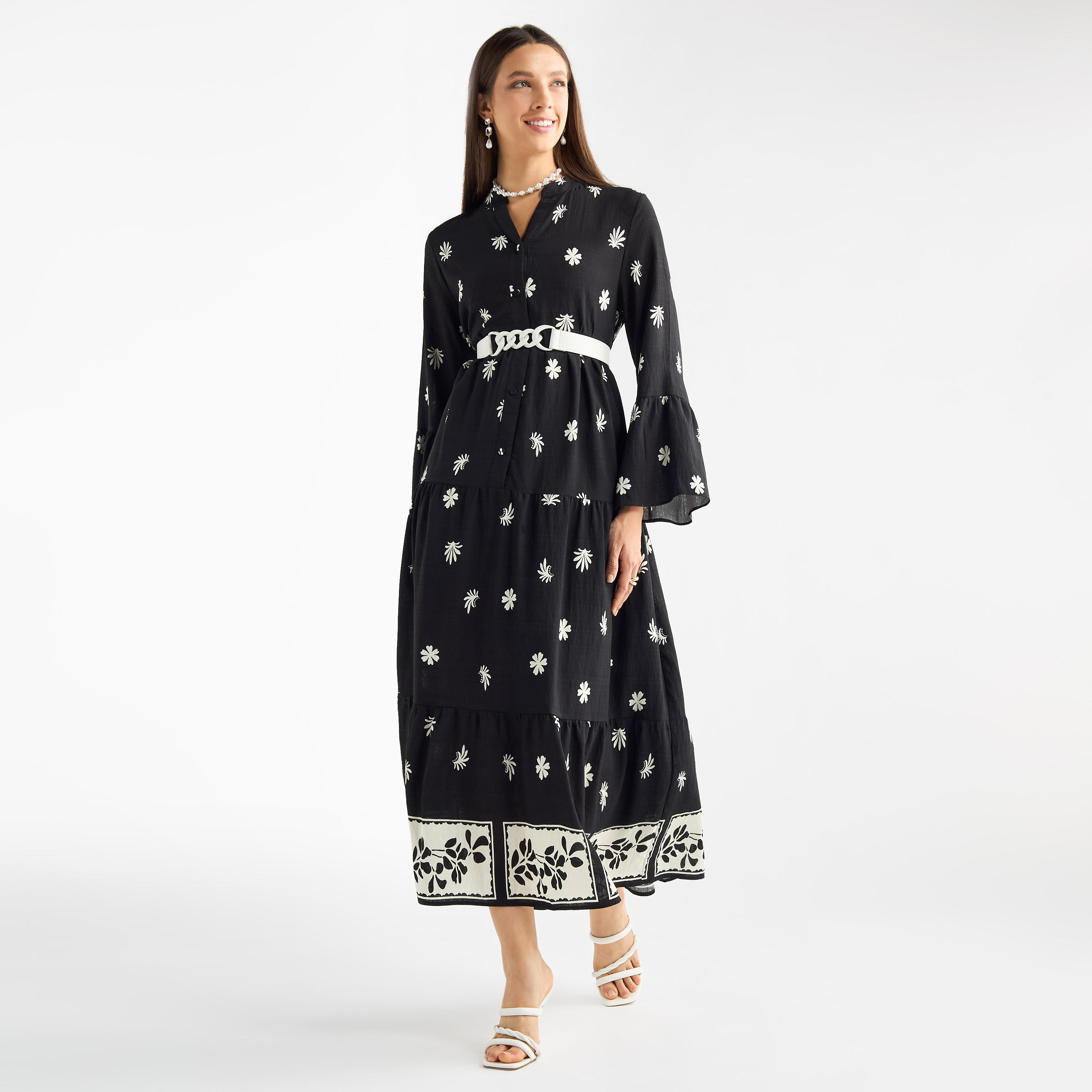 فستان بياقة ماندارين وأكمام عريضة بطبعات أزهار-women-clothing-dresses-image-2
