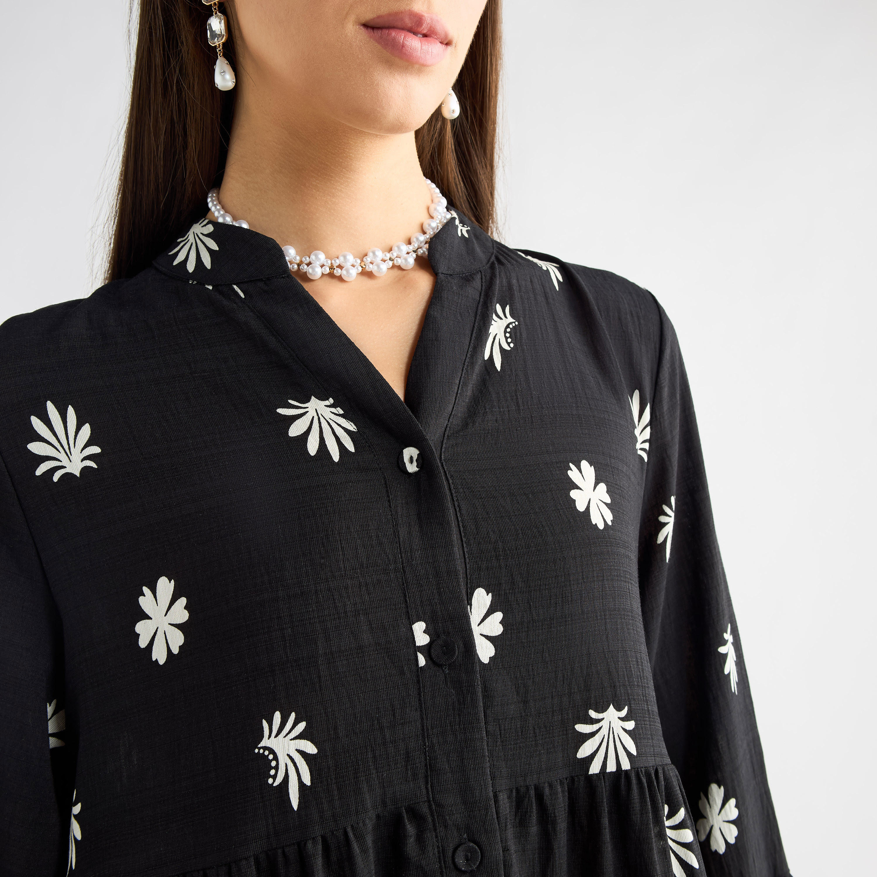فستان بياقة ماندارين وأكمام عريضة بطبعات أزهار-women-clothing-dresses-image-4