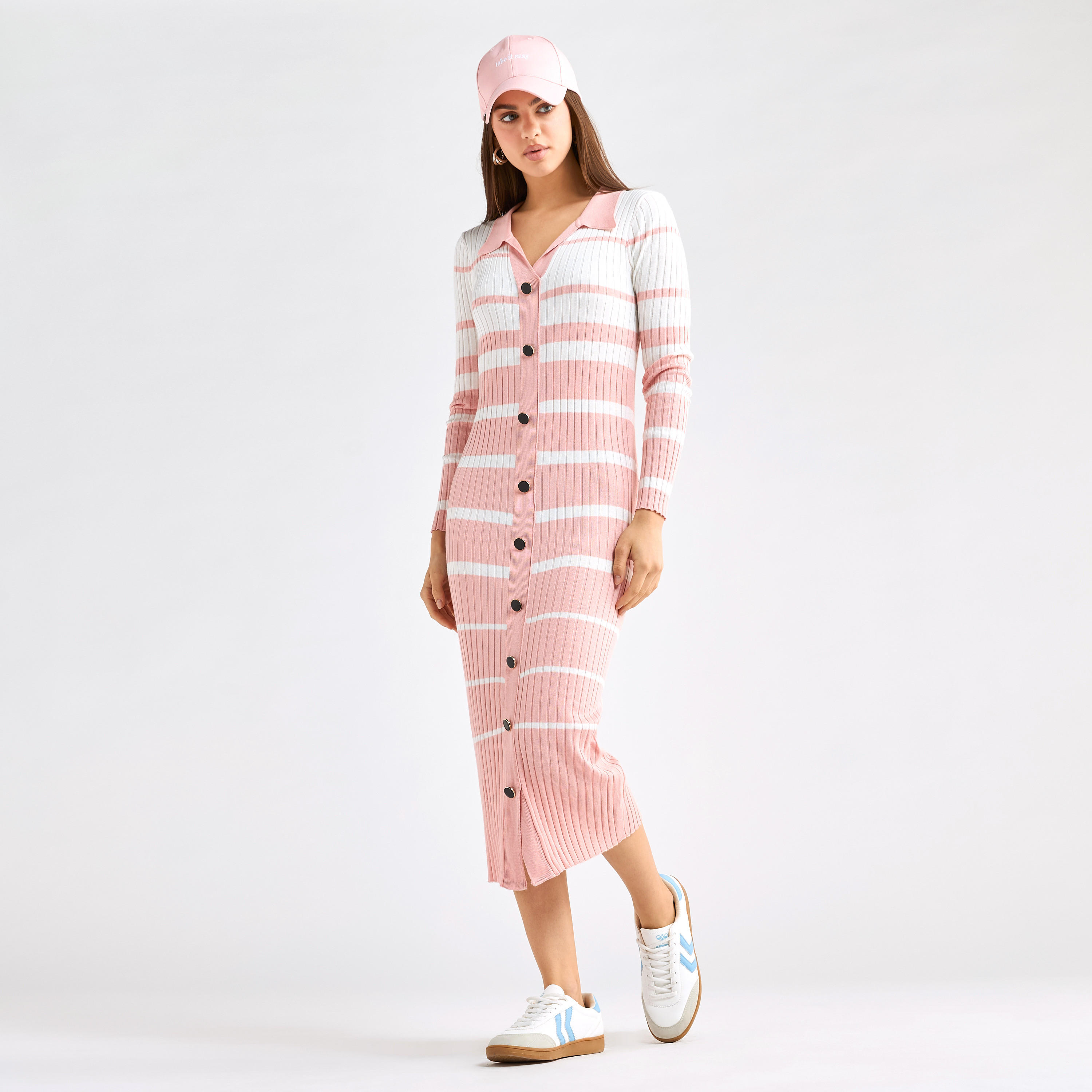 فستان قميص مخطط بياقة عادية وأكمام طويلة-women-clothing-dresses-image-2