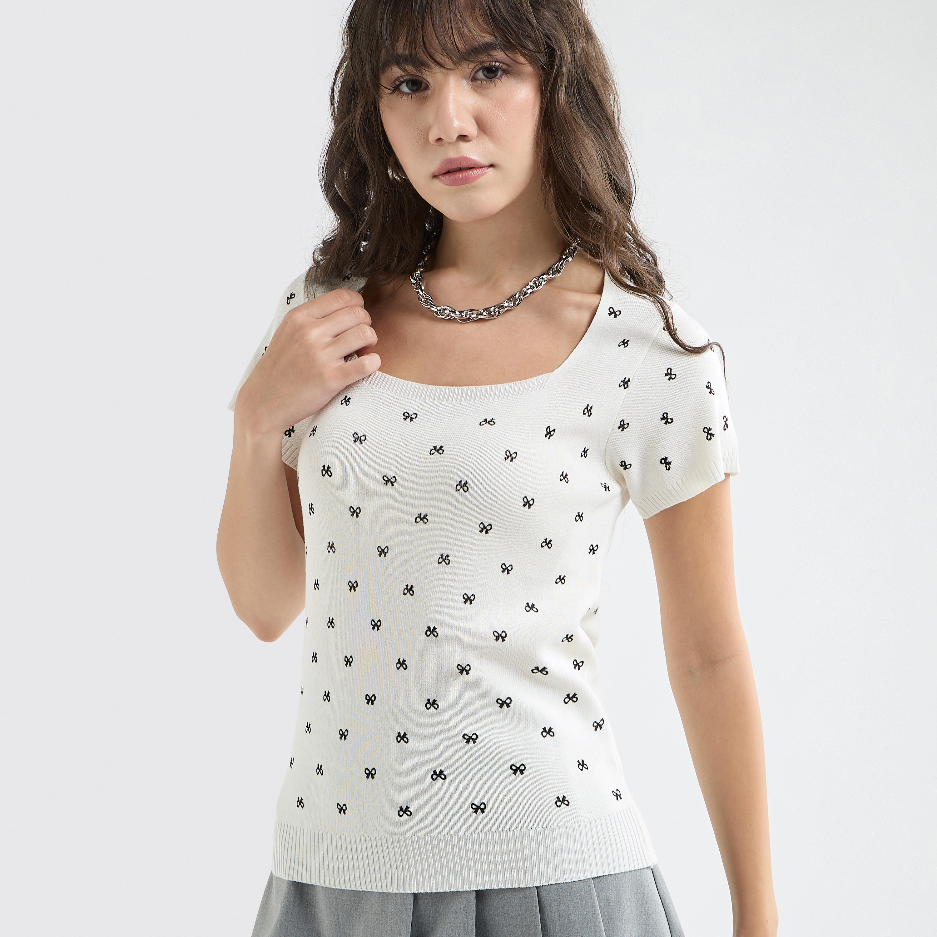 Textured Square Neck T-shirt with Short Sleeves-women-clothing-tshirts-image-1