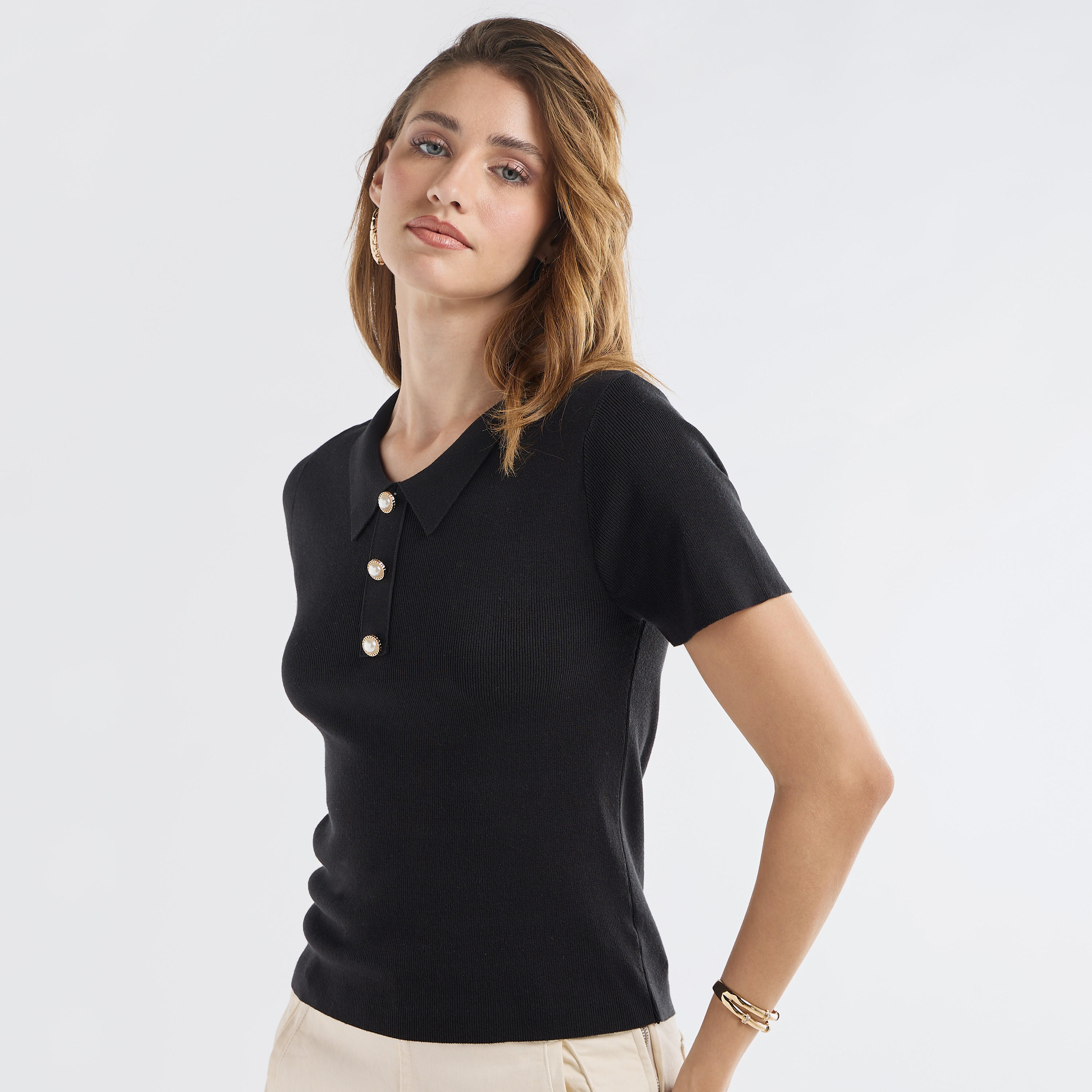 Solid Viscose Top with Collared Neck and Short Sleeves-women-clothing-tshirts-image-5