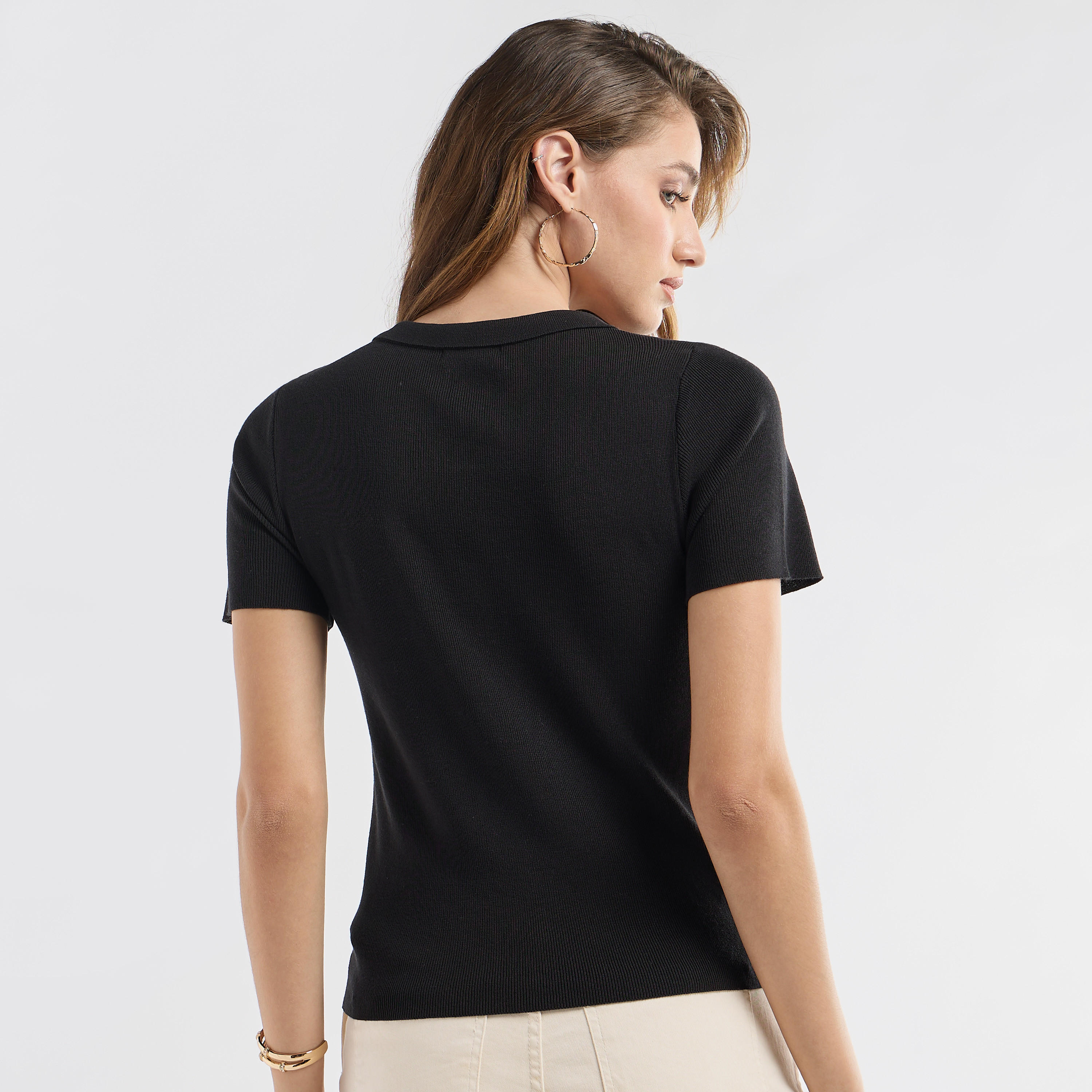 Solid Viscose Top with Collared Neck and Short Sleeves-women-clothing-tshirts-image-7