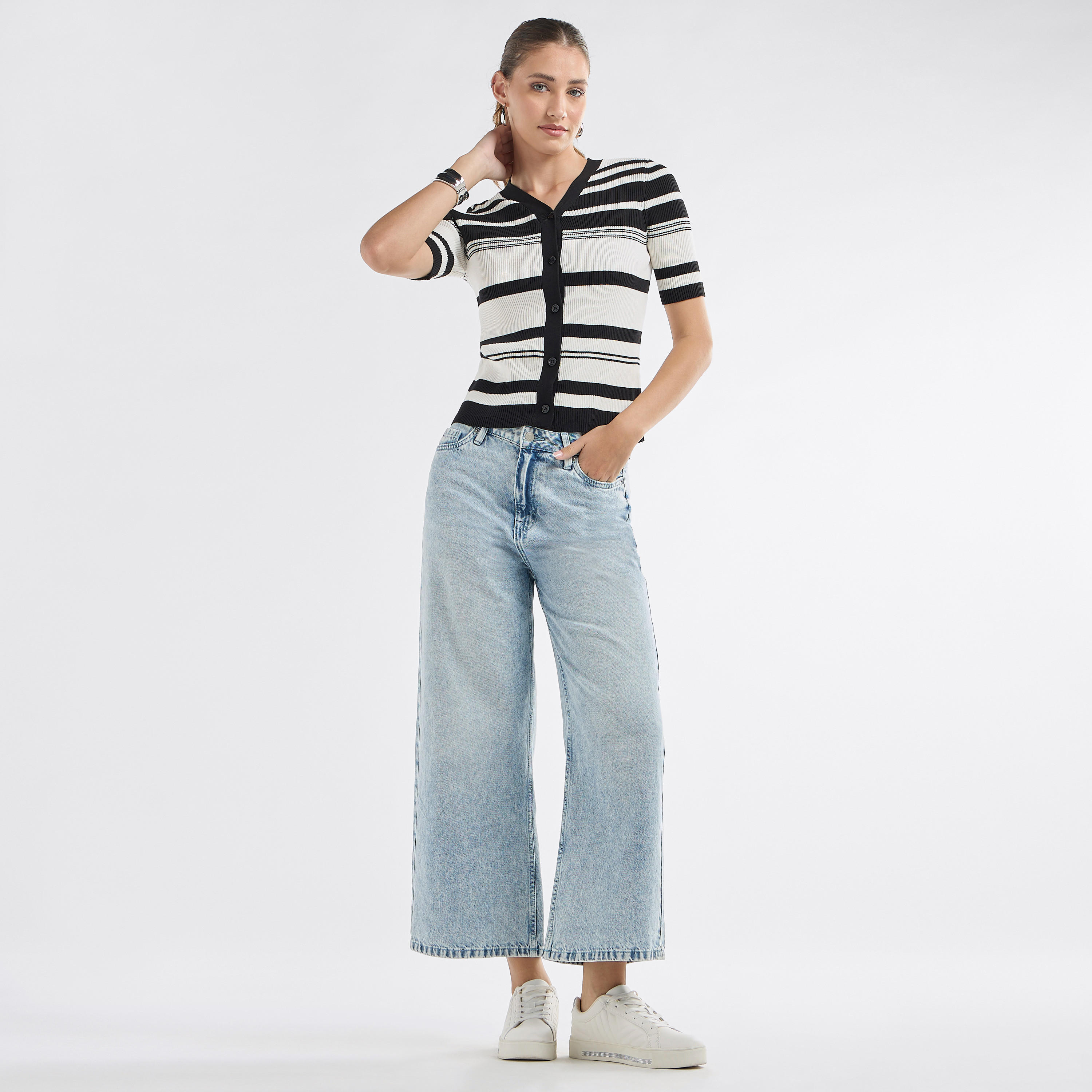 Striped Button Through Top with Short Sleeves-women-clothing-cardigansandjumpers-jumpers-image-2