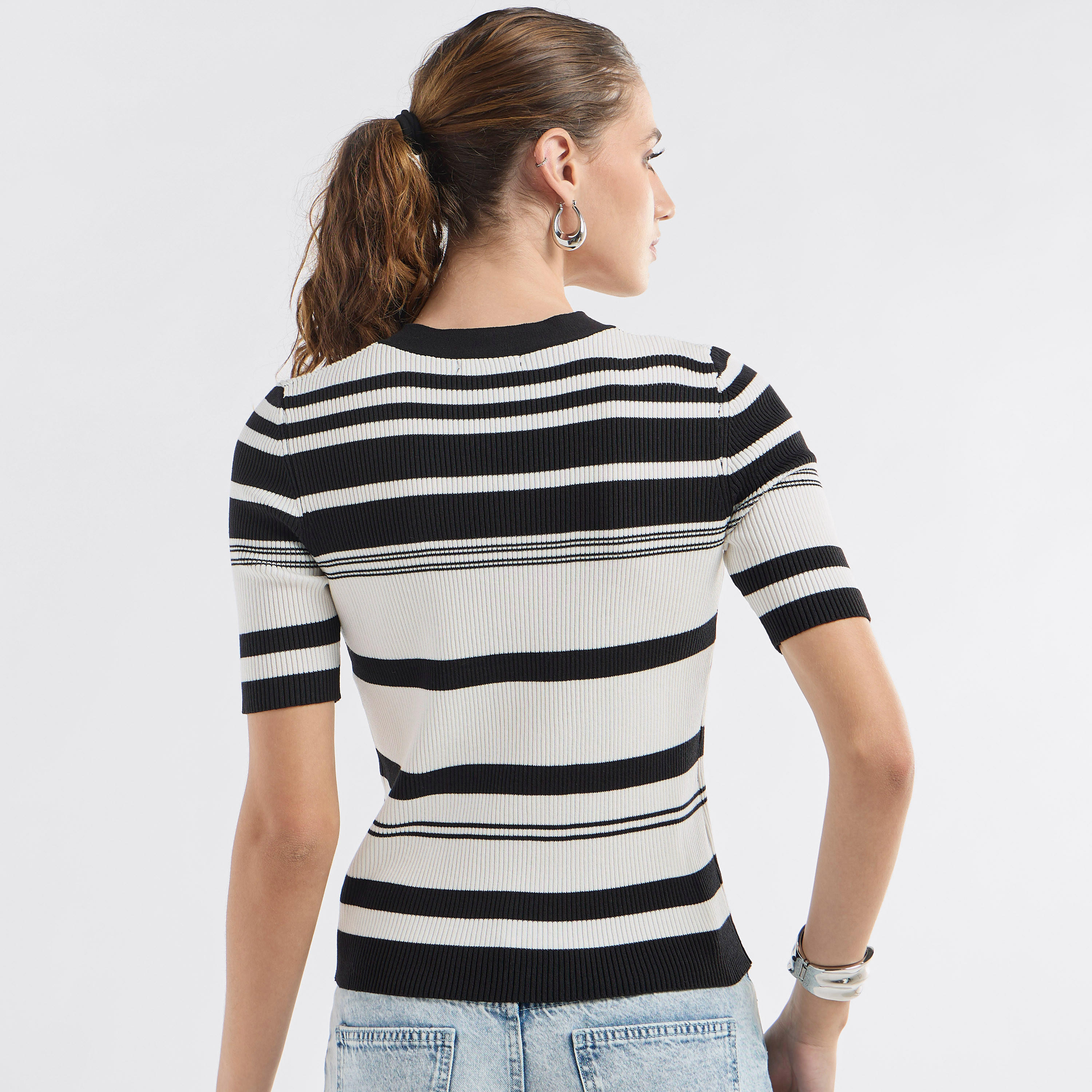 Striped Button Through Top with Short Sleeves-women-clothing-cardigansandjumpers-jumpers-image-3