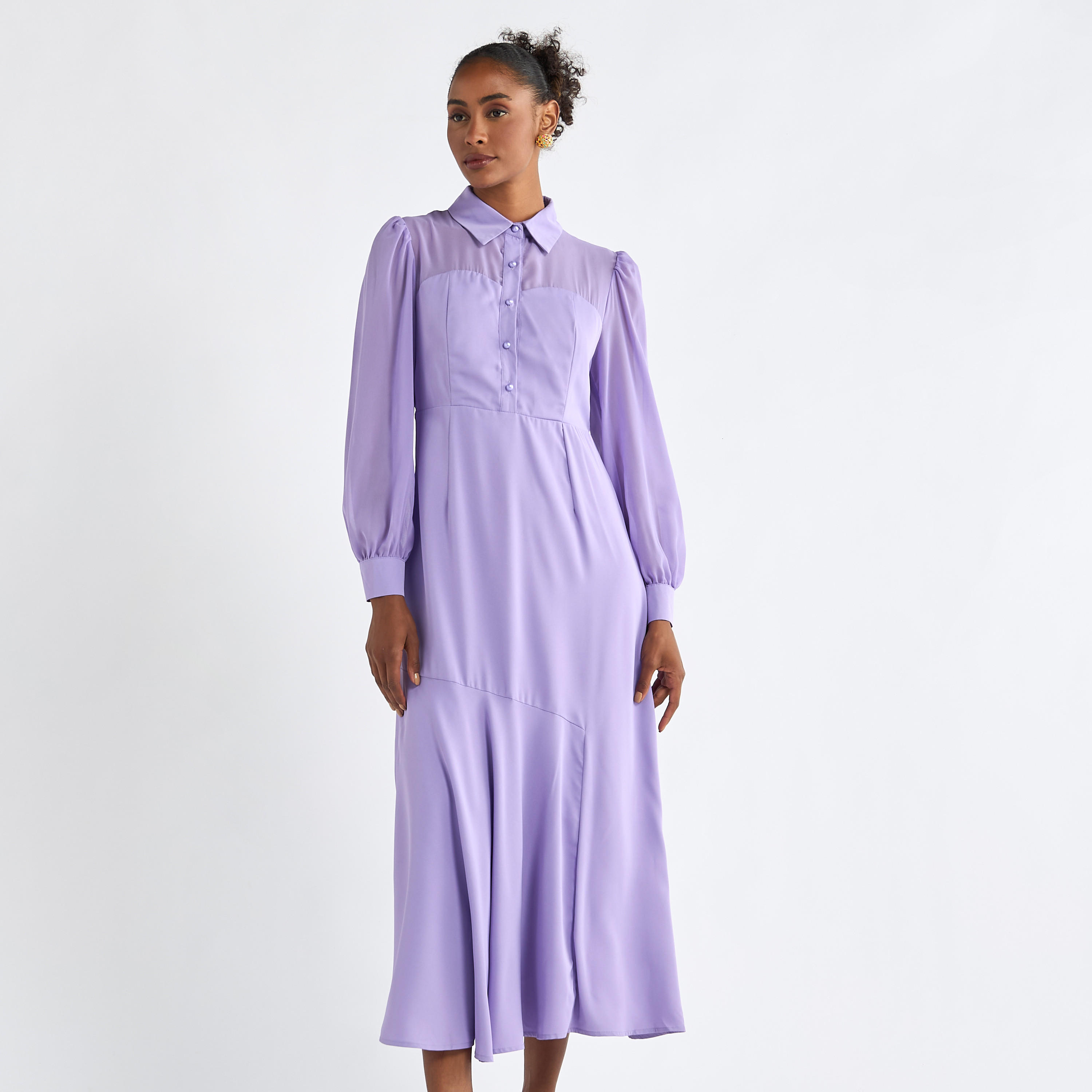 Solid A-line Shirt Dress with Long Sleeves-women-clothing-dresses-image-1