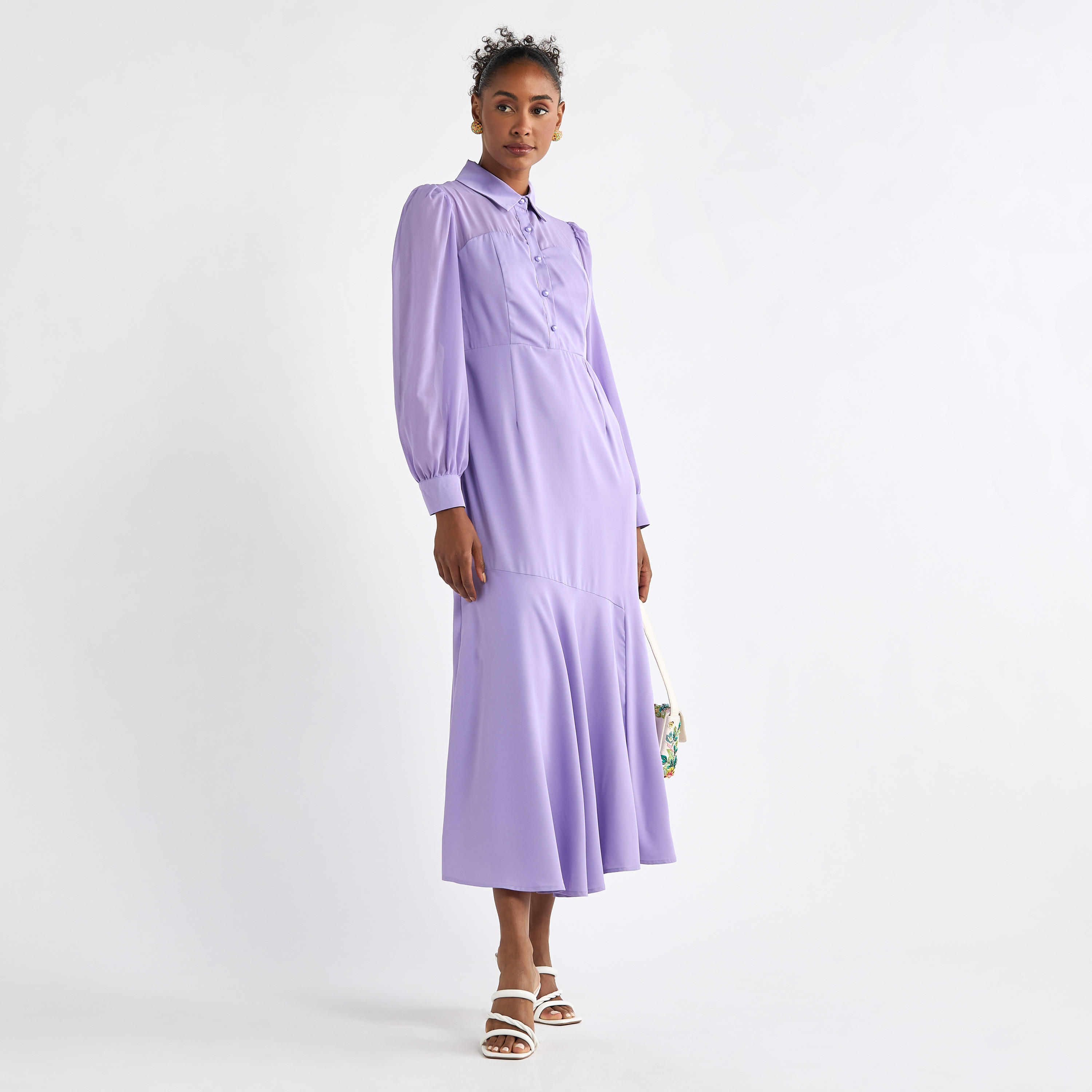 Solid A-line Shirt Dress with Long Sleeves-women-clothing-dresses-image-2