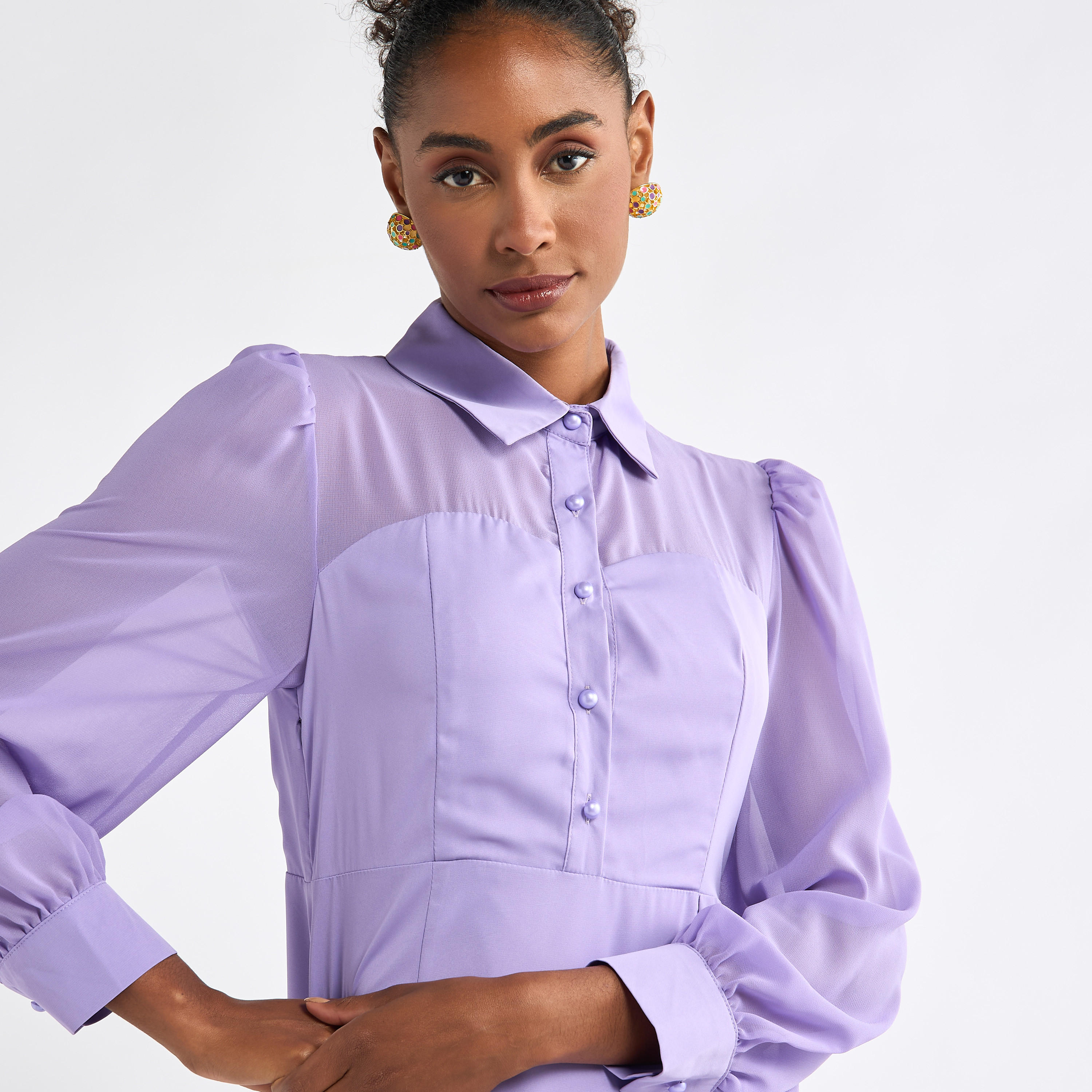 Solid A-line Shirt Dress with Long Sleeves-women-clothing-dresses-image-4