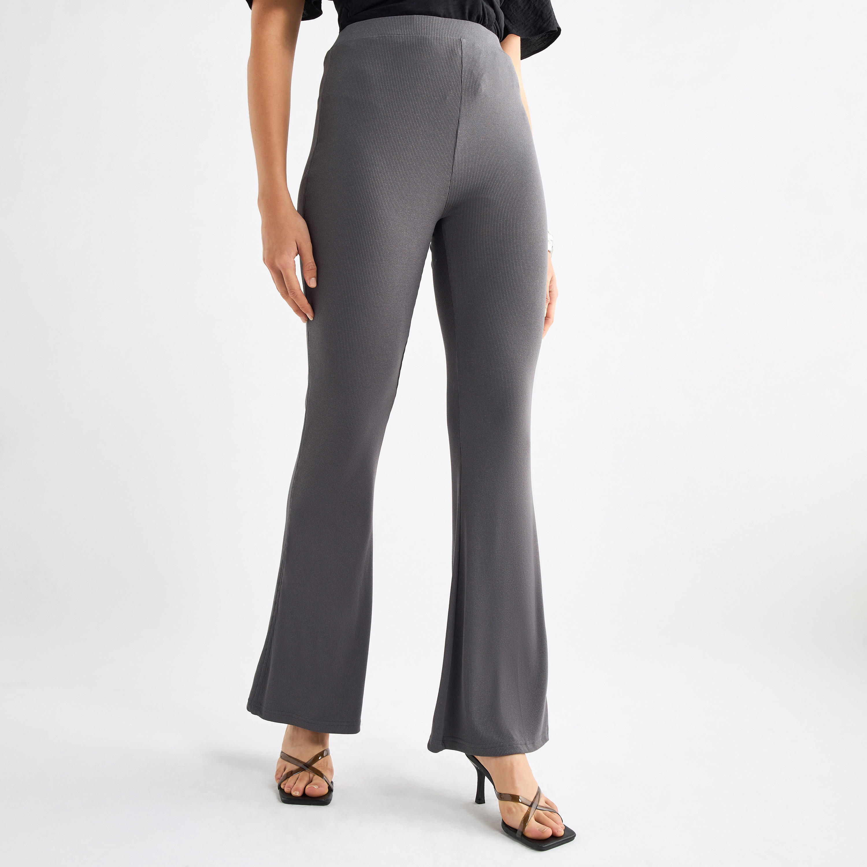Full Length Ribbed Flared Leggings with Elasticated Waistband-women-clothing-bottoms-leggings-image-1