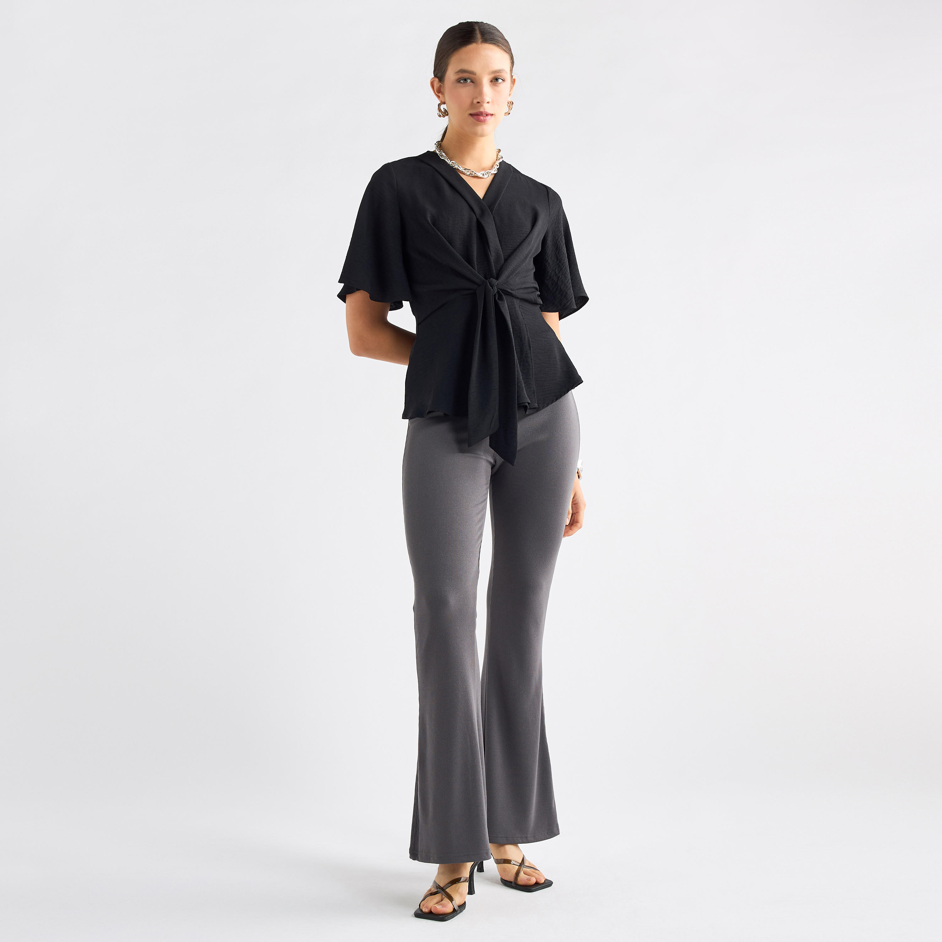 Full Length Ribbed Flared Leggings with Elasticated Waistband-women-clothing-bottoms-leggings-image-2