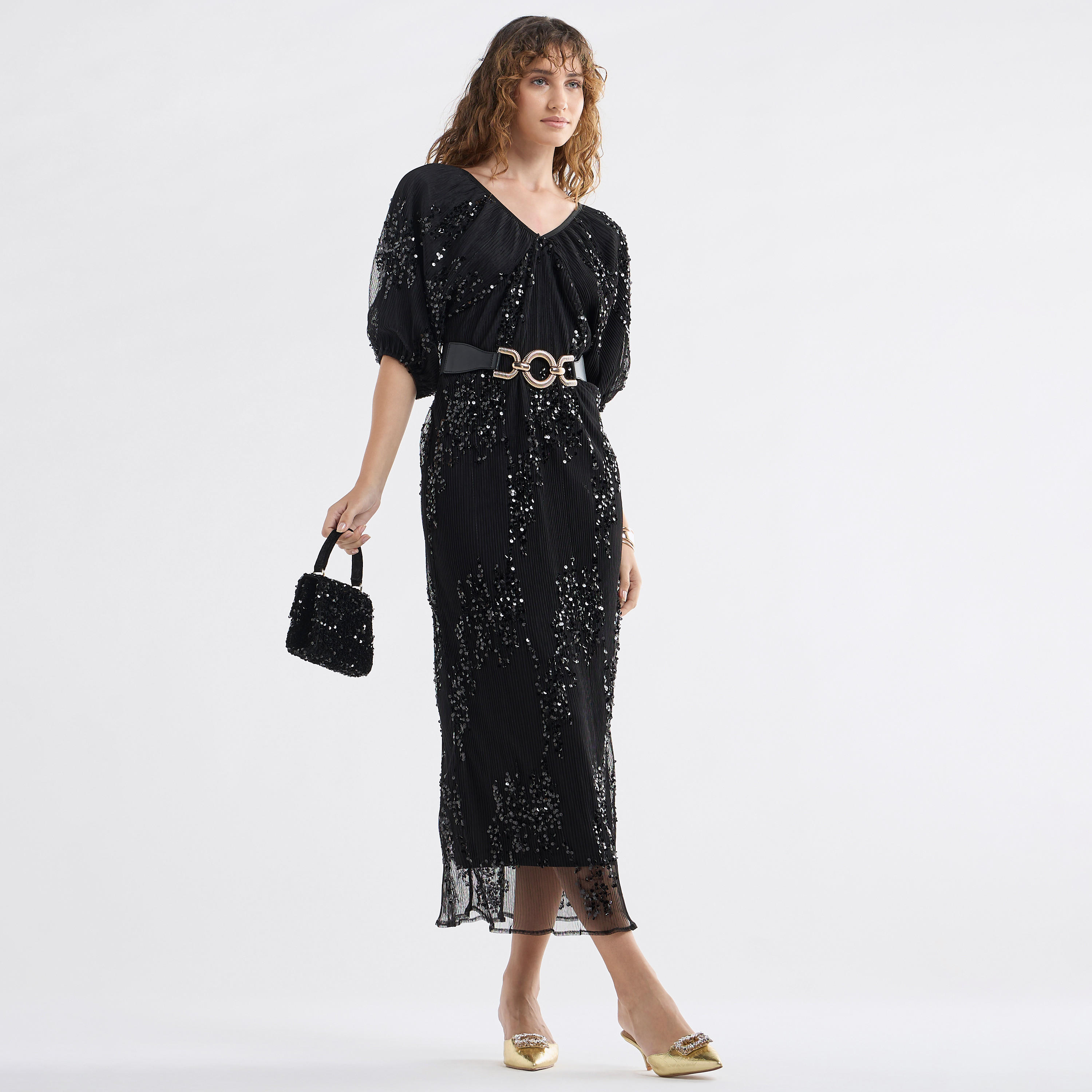 فستان ميدي مطرّز بالترتر بأكمام قصيرة منفوخة وياقة V-women-clothing-dresses-image-2