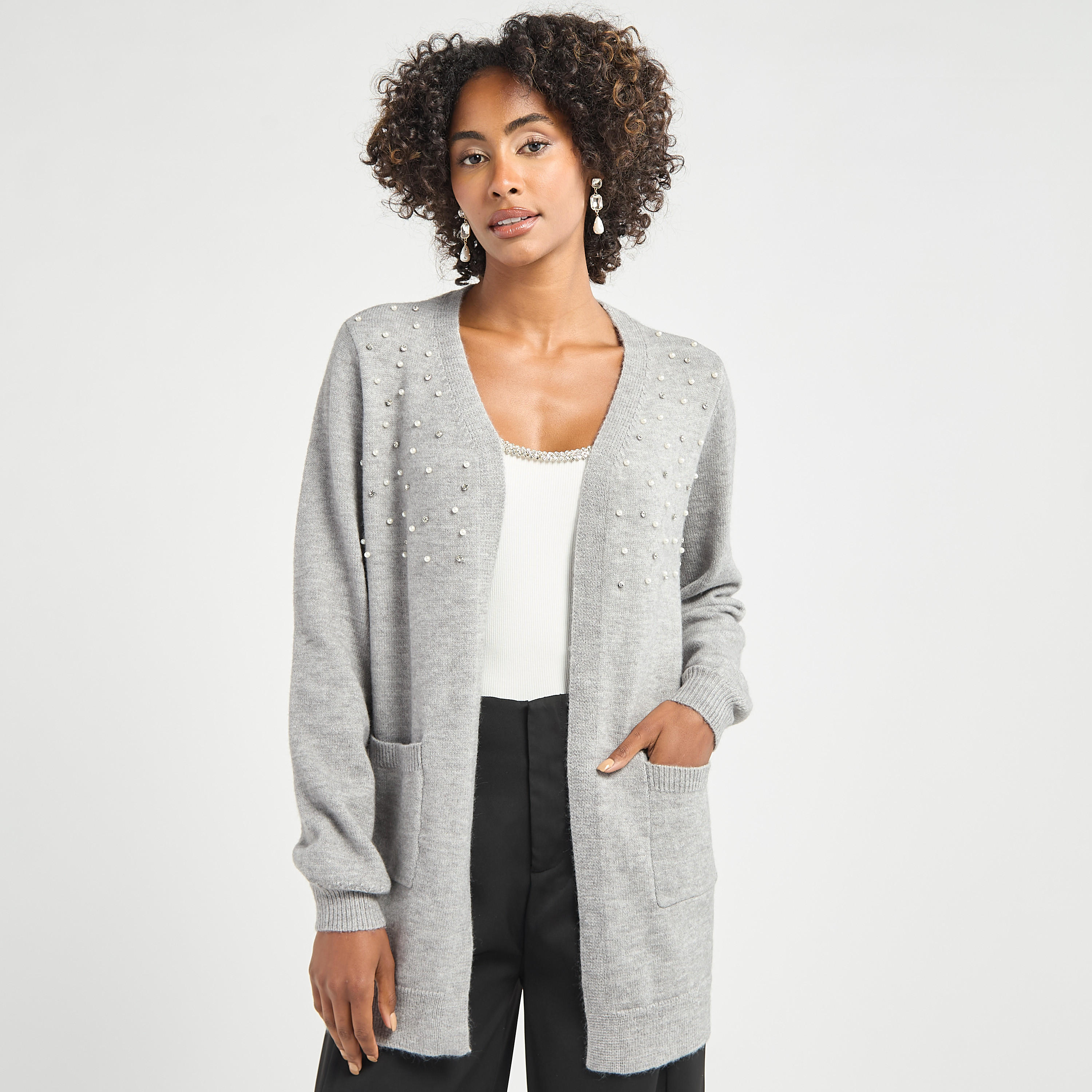 سترة كارديجان مزينة مفتوحة من الأمام بأكمام طويلة وجيوب-women-winterwear-cardigansandjumpers-cardigans-image-1