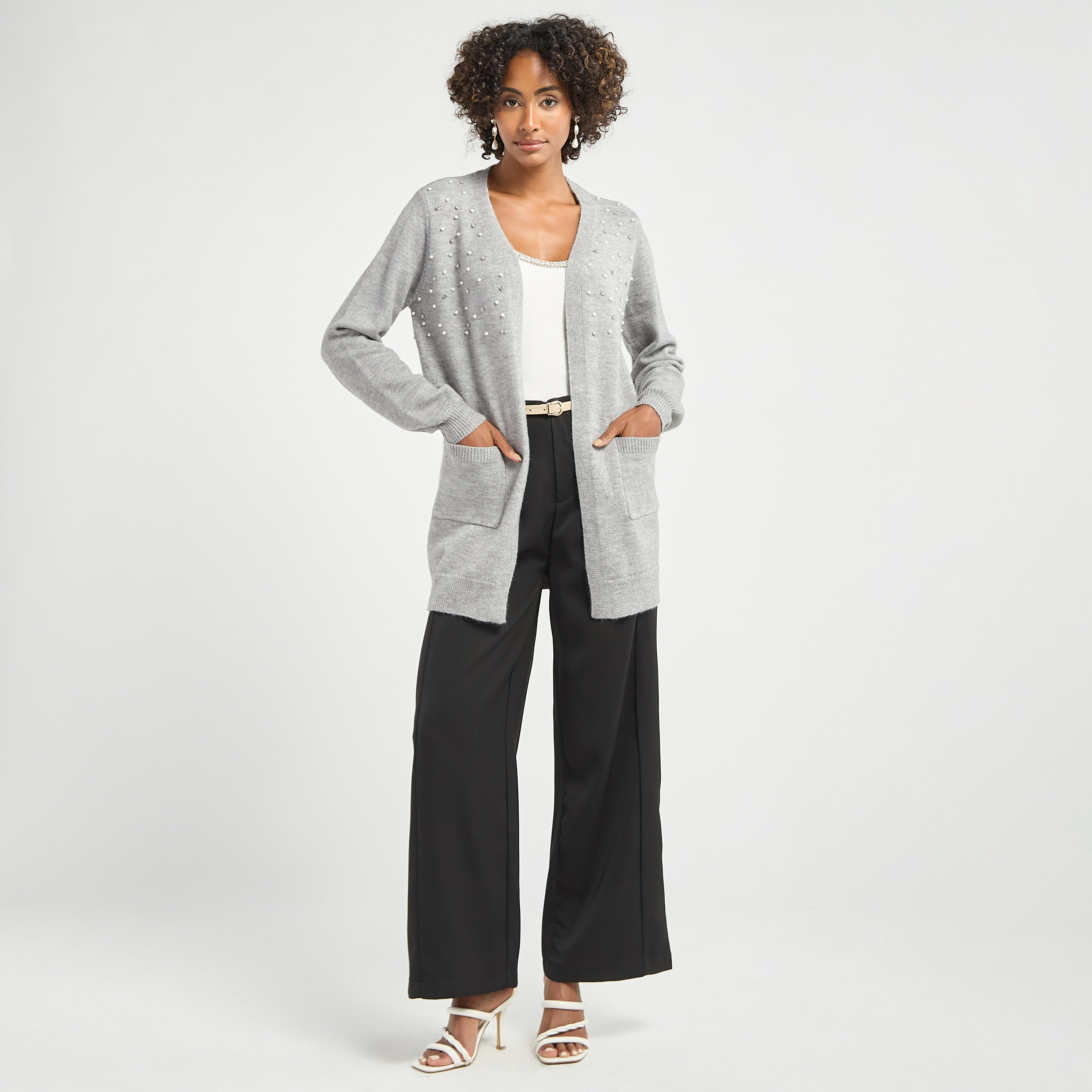 سترة كارديجان مزينة مفتوحة من الأمام بأكمام طويلة وجيوب-women-winterwear-cardigansandjumpers-cardigans-image-2