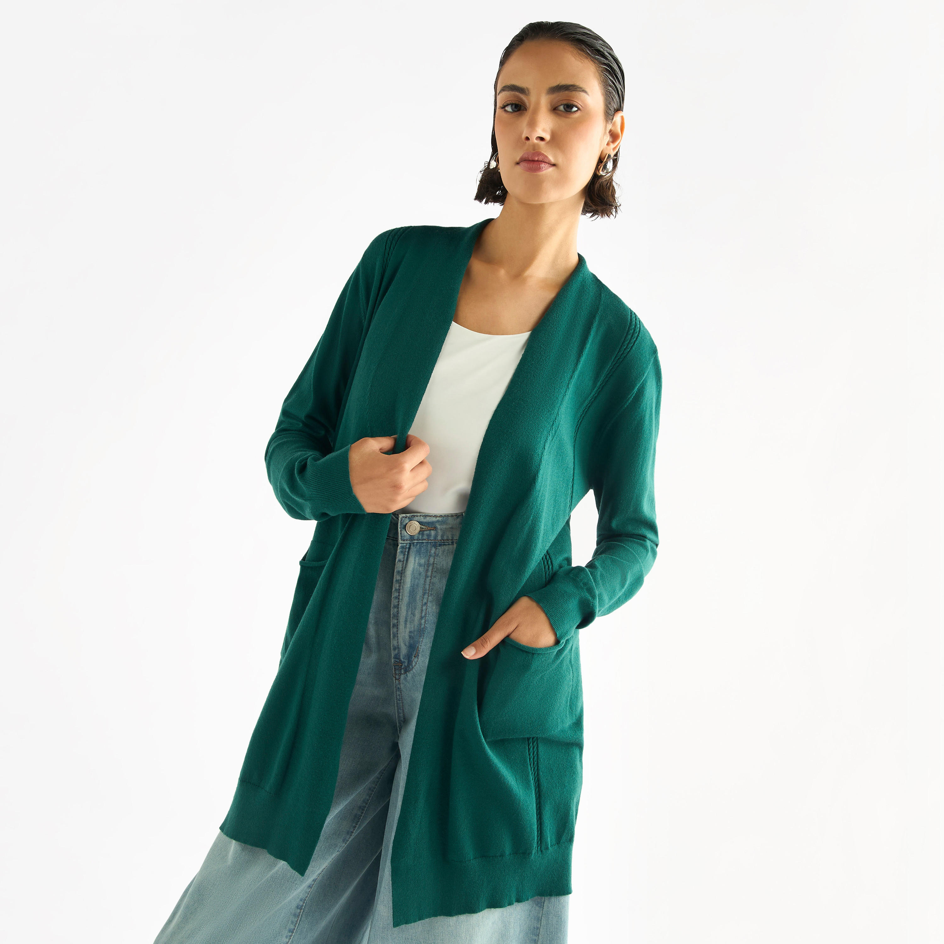 كارديجان بارز الملمس بأكمام طويلة وجيوب-women-winterwear-cardigansandjumpers-cardigans-image-1