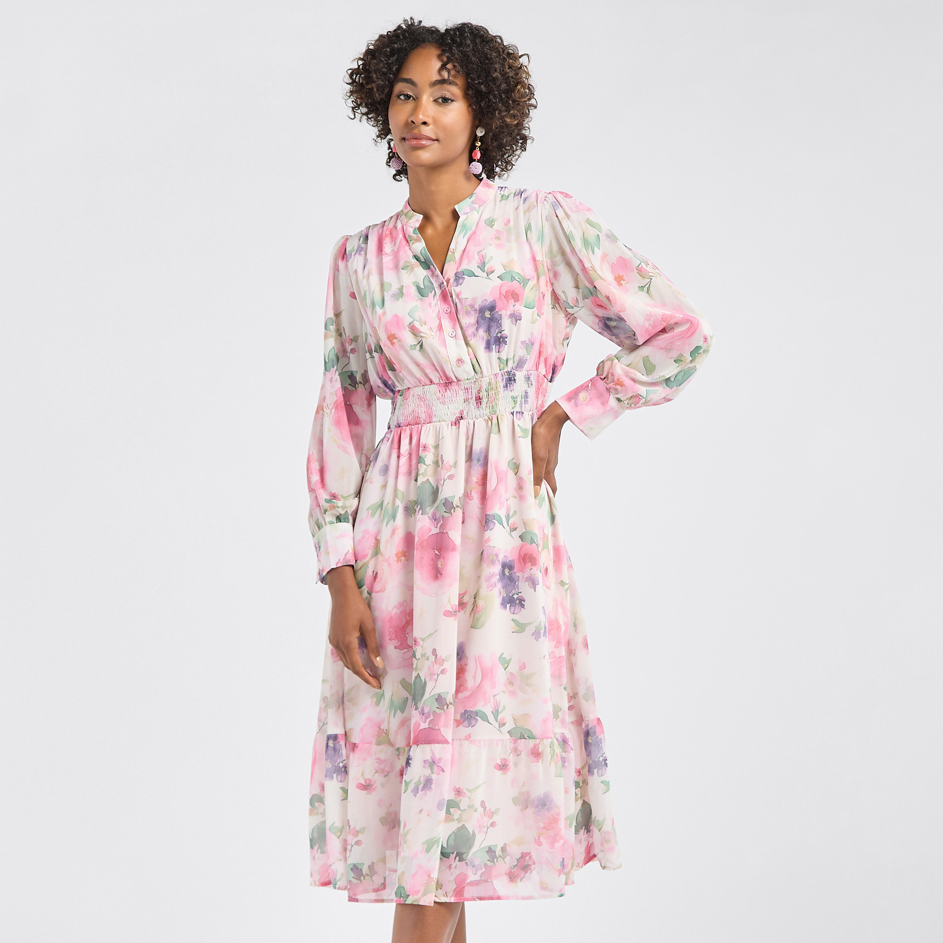 فستان قميص ميدي بطبعات أزهار وأكمام طويلة وتفاصيل بكسرات-women-clothing-dresses-image-9