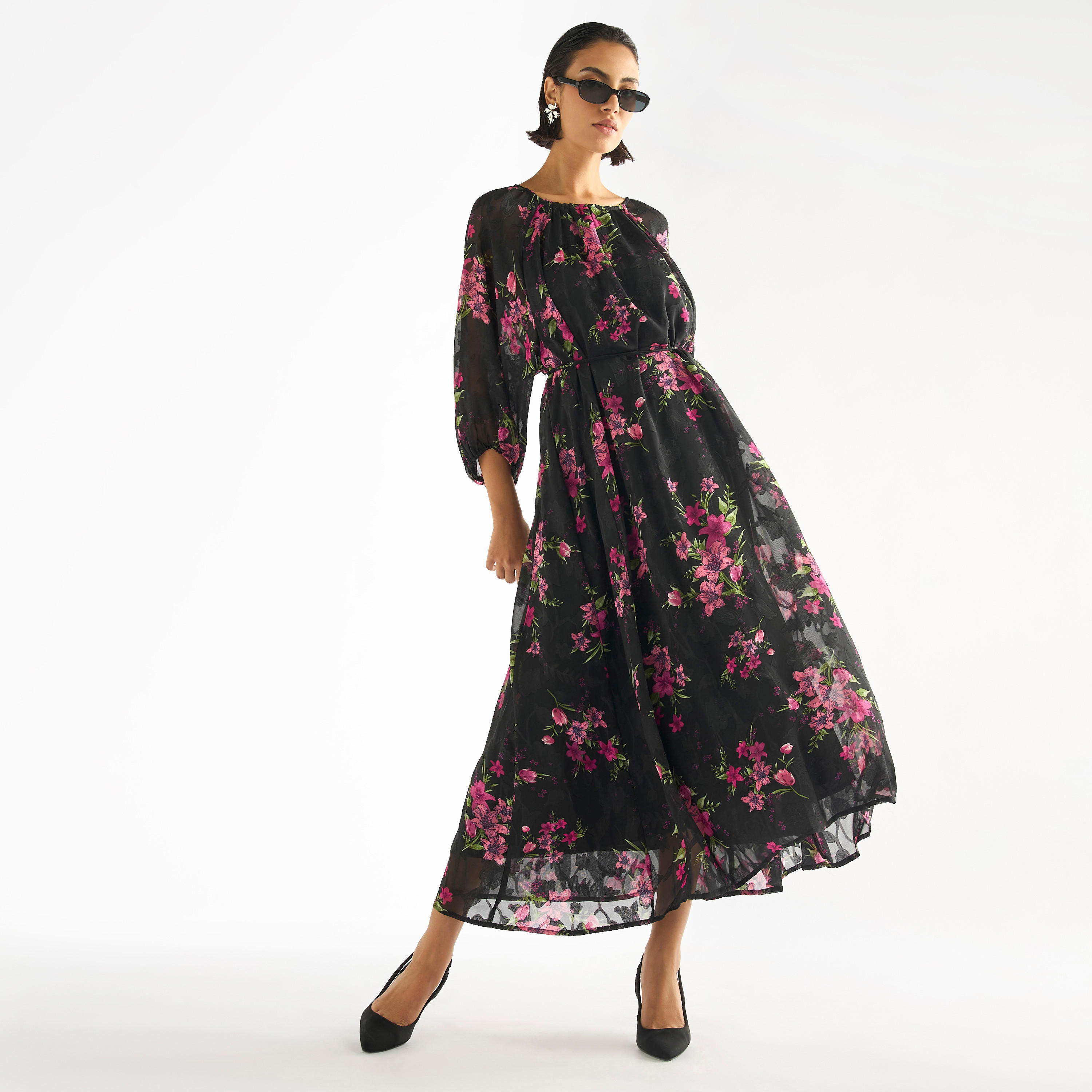 فستان بأكمام 3/4 وطبعات  زهور-women-clothing-dresses-image-1