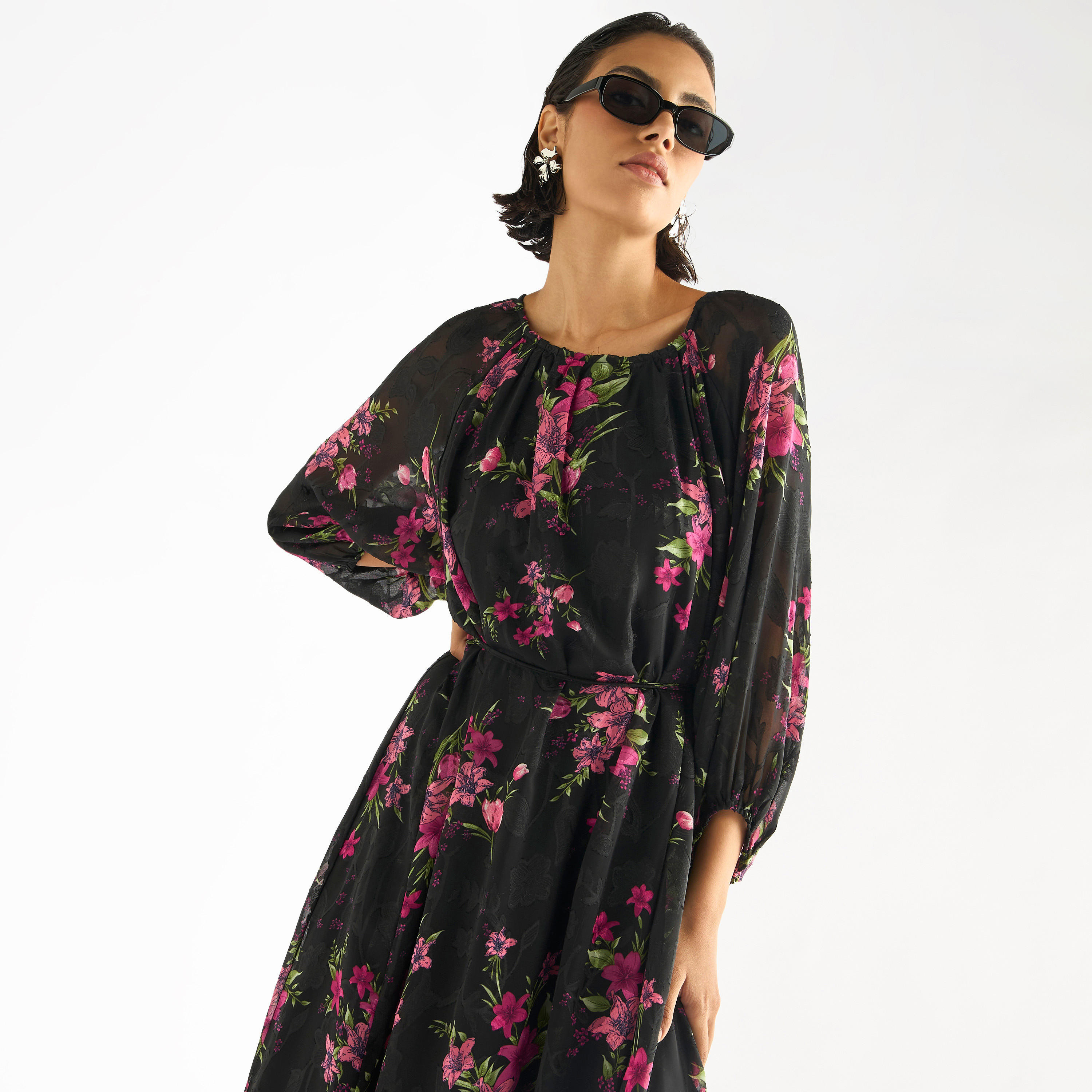 فستان بأكمام 3/4 وطبعات  زهور-women-clothing-dresses-image-2
