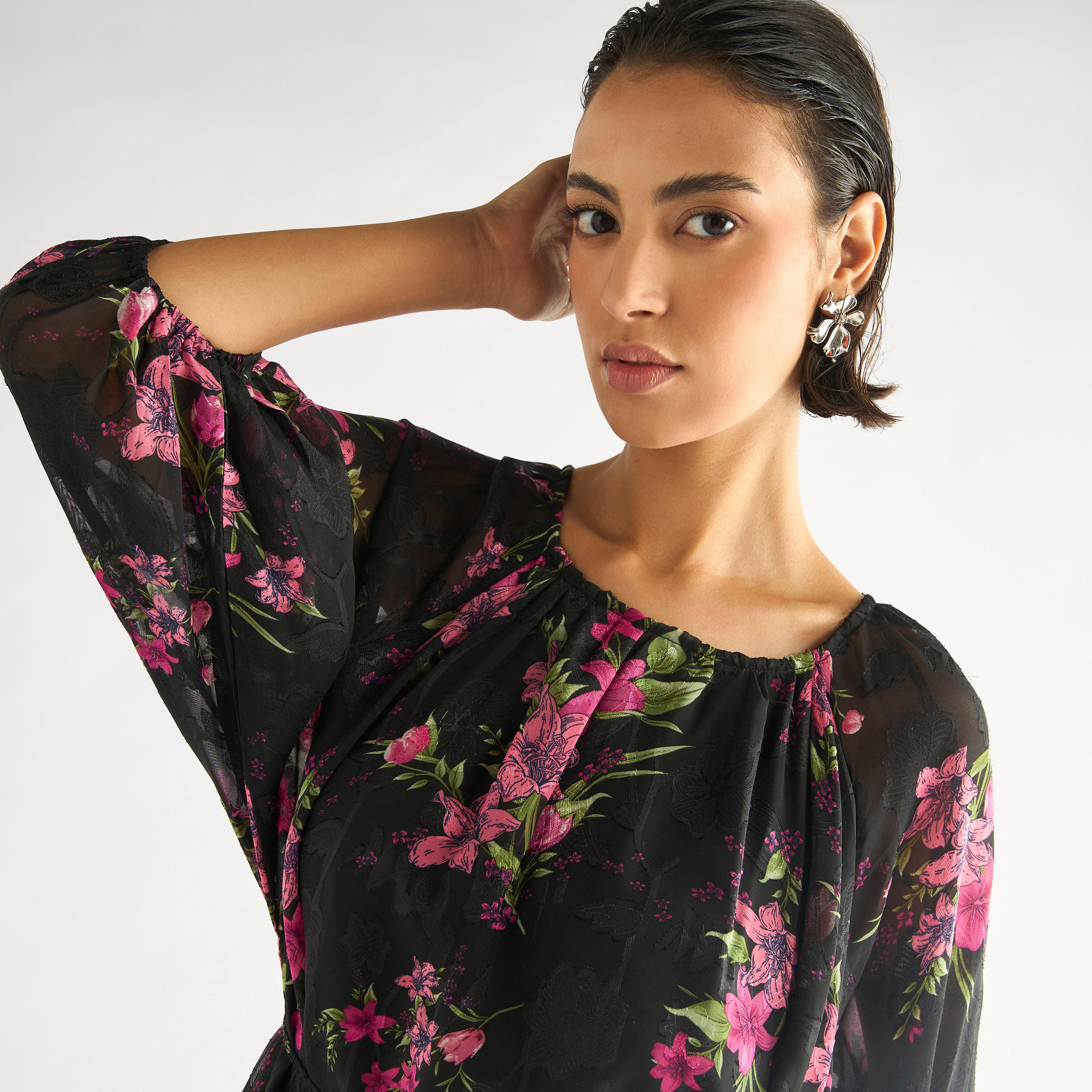 فستان بأكمام 3/4 وطبعات  زهور-women-clothing-dresses-image-4