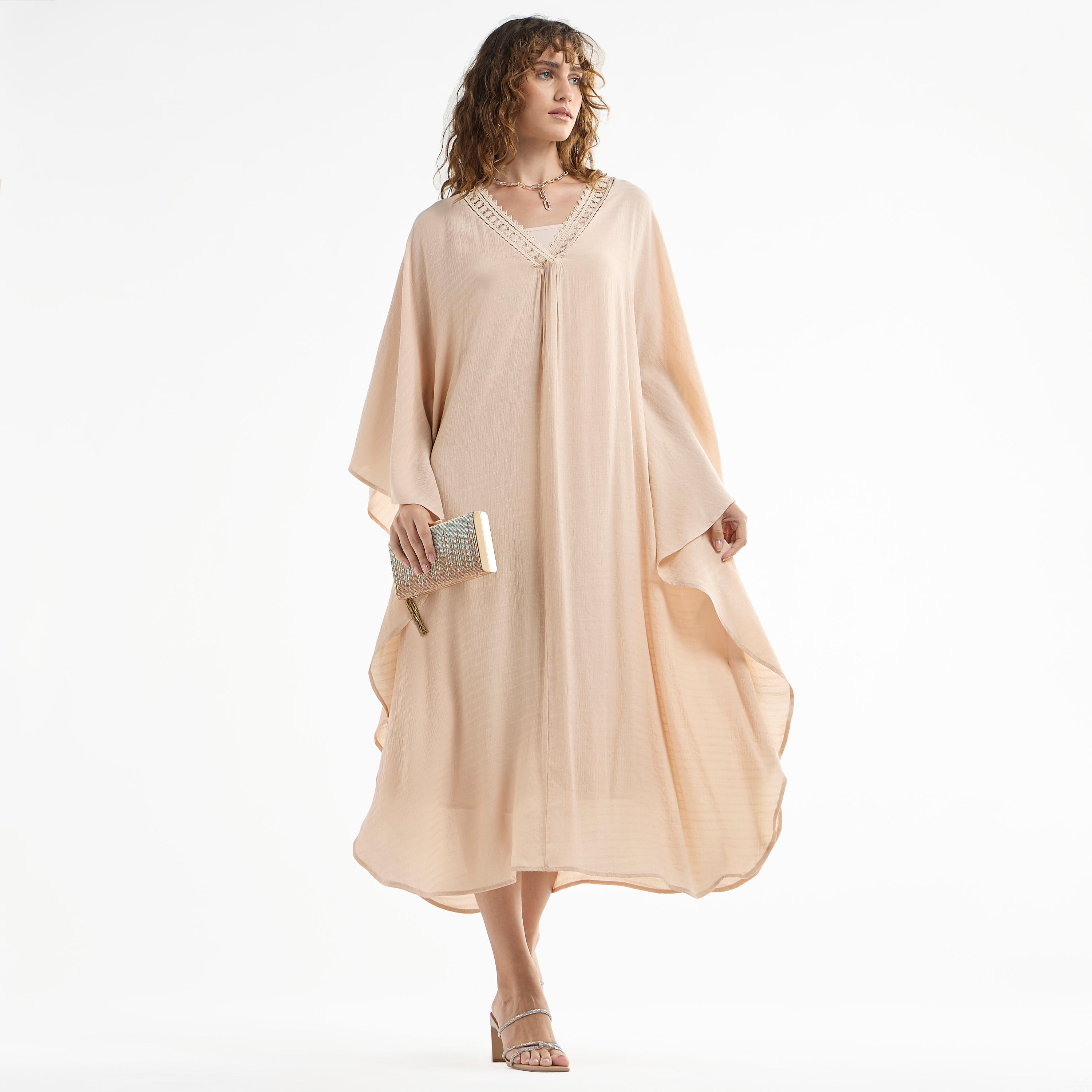 فستان ميدي قفطان سادة بأكمام طويلة وتفاصيل دانتيل-women-clothing-dresses-image-1