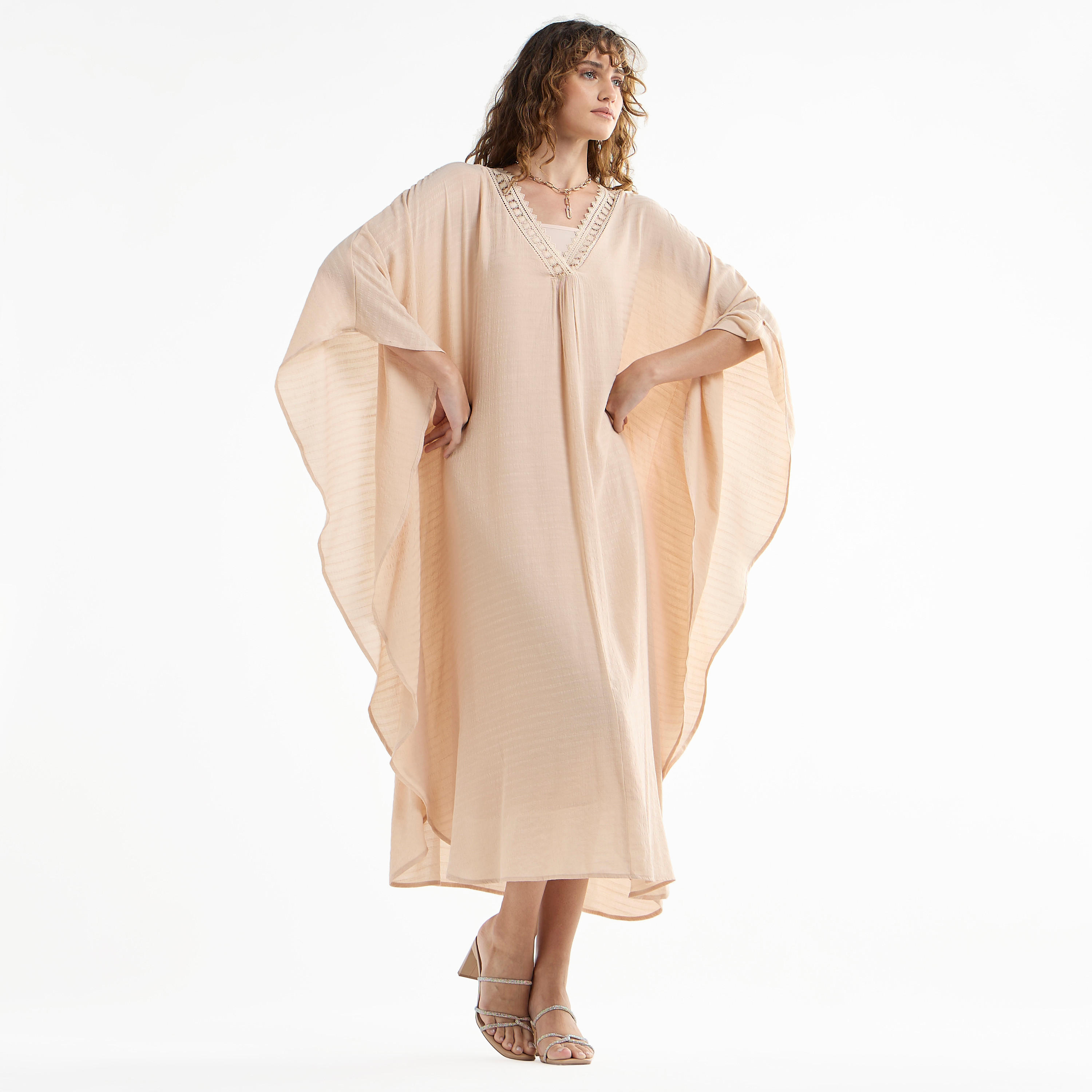 فستان ميدي قفطان سادة بأكمام طويلة وتفاصيل دانتيل-women-clothing-dresses-image-2