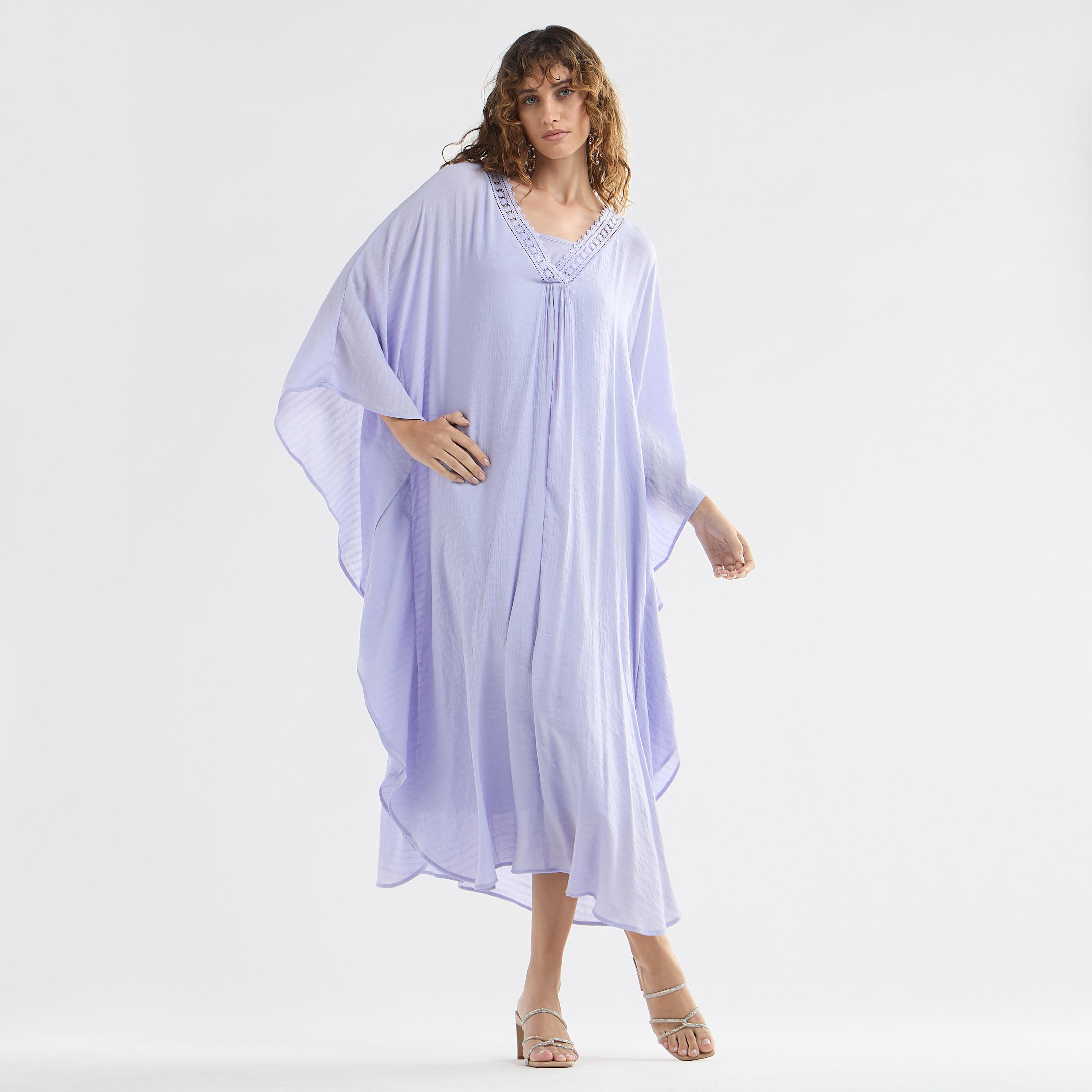 فستان ميدي قفطان سادة بأكمام طويلة وتفاصيل دانتيل-women-clothing-dresses-image-14