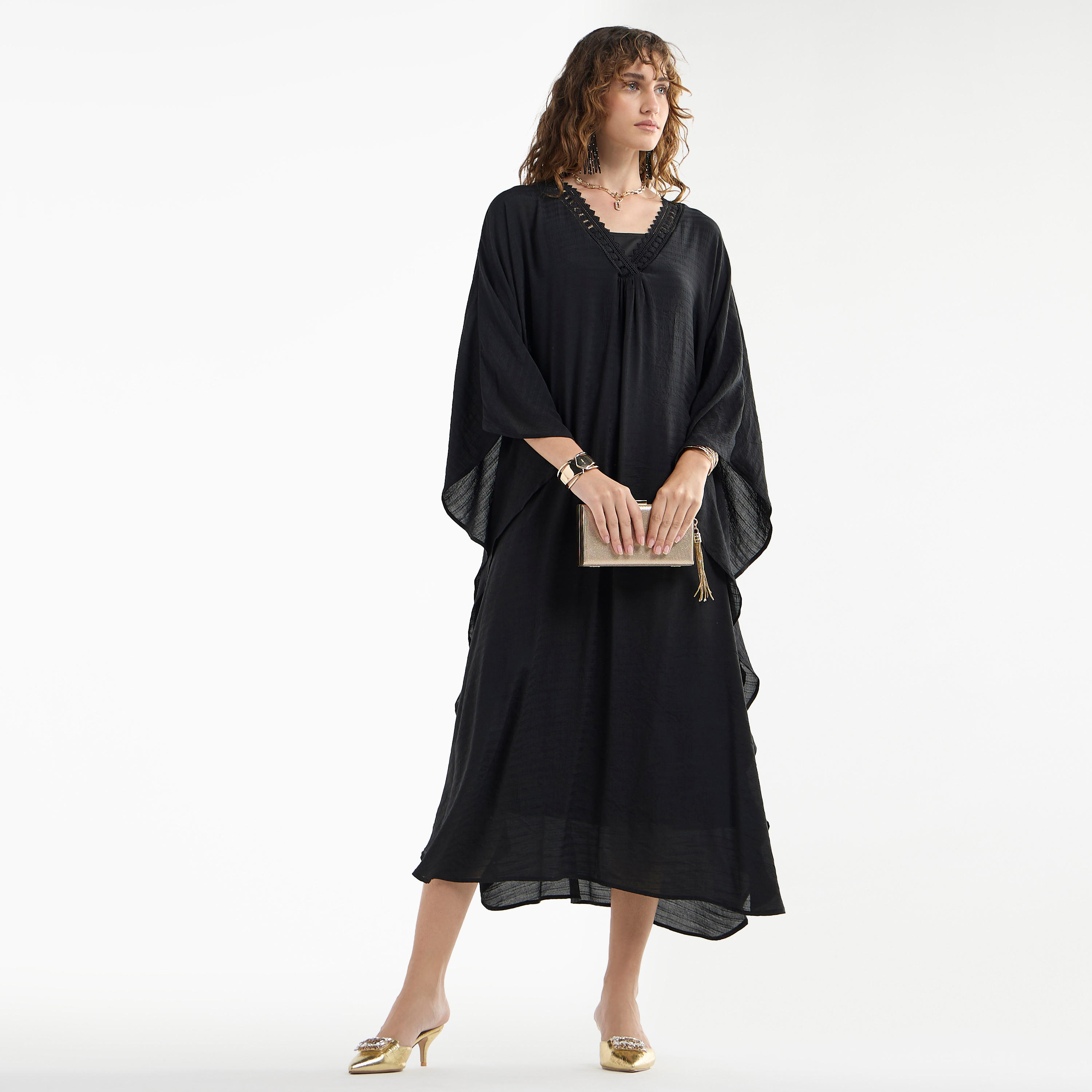 فستان ميدي قفطان سادة بأكمام طويلة وتفاصيل دانتيل-women-clothing-dresses-image-5