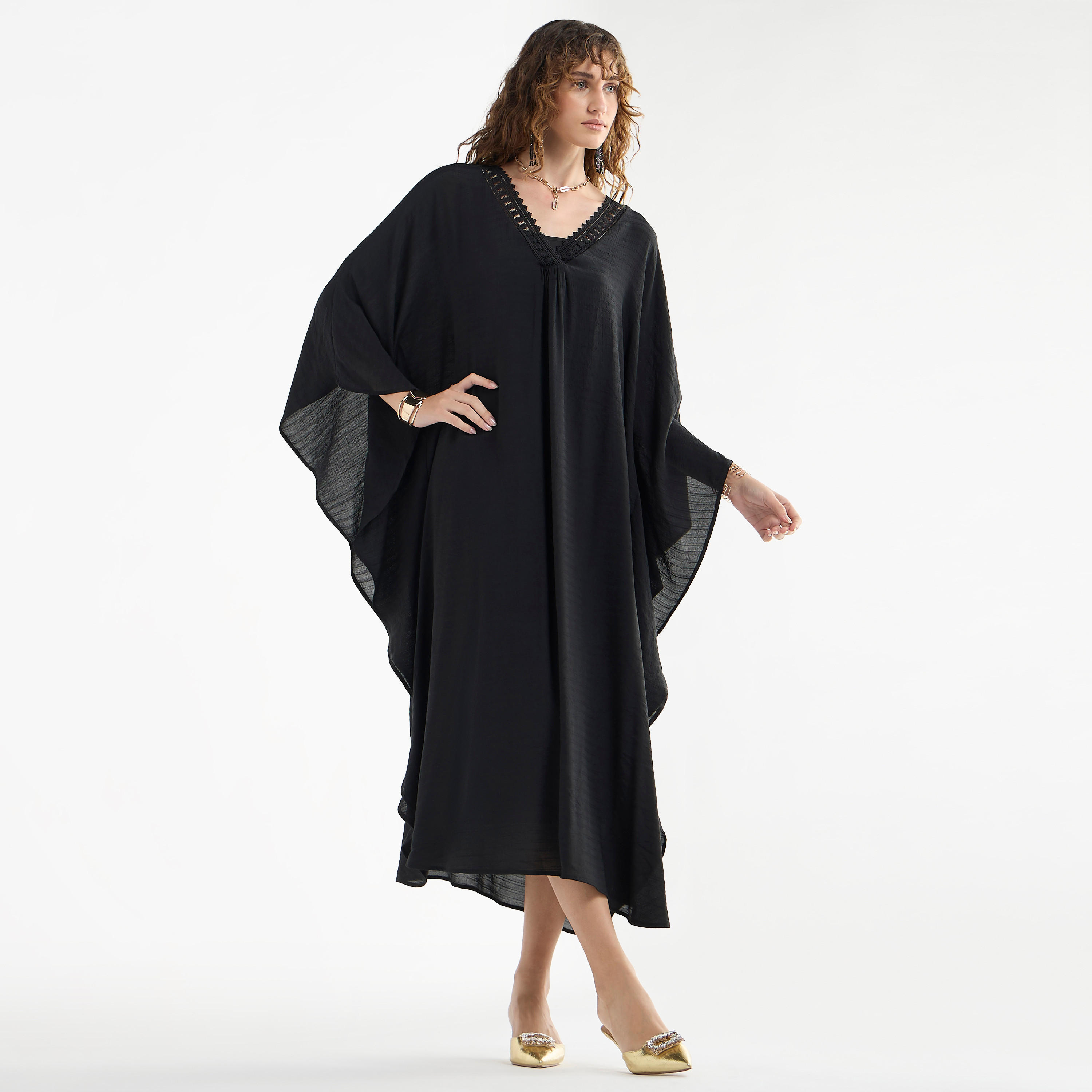 فستان ميدي قفطان سادة بأكمام طويلة وتفاصيل دانتيل-women-clothing-dresses-image-6