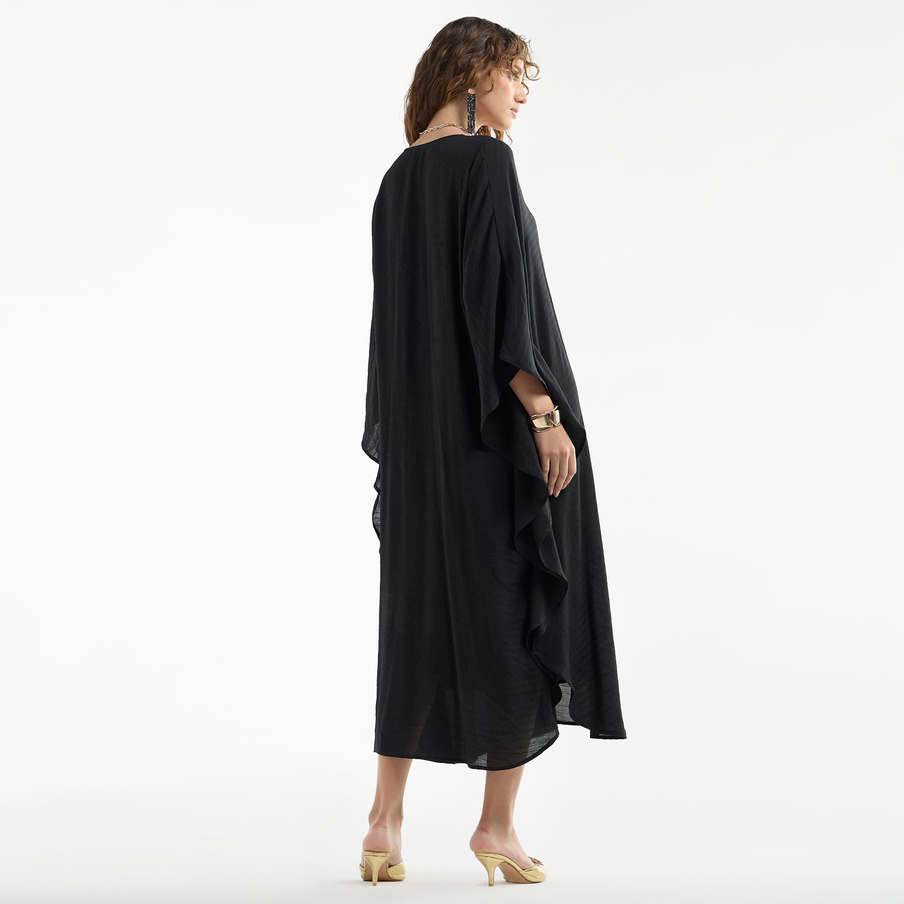 فستان ميدي قفطان سادة بأكمام طويلة وتفاصيل دانتيل-women-clothing-dresses-image-7