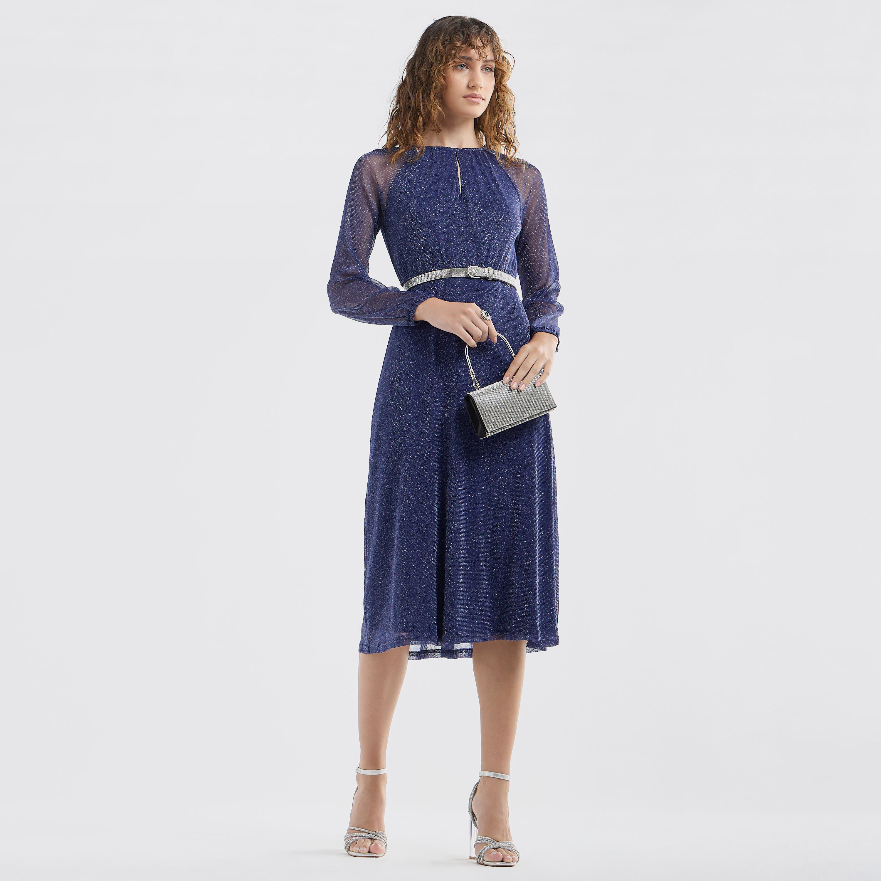 Shop Textured A-line Dress with Keyhole Neck and Long Sleeves