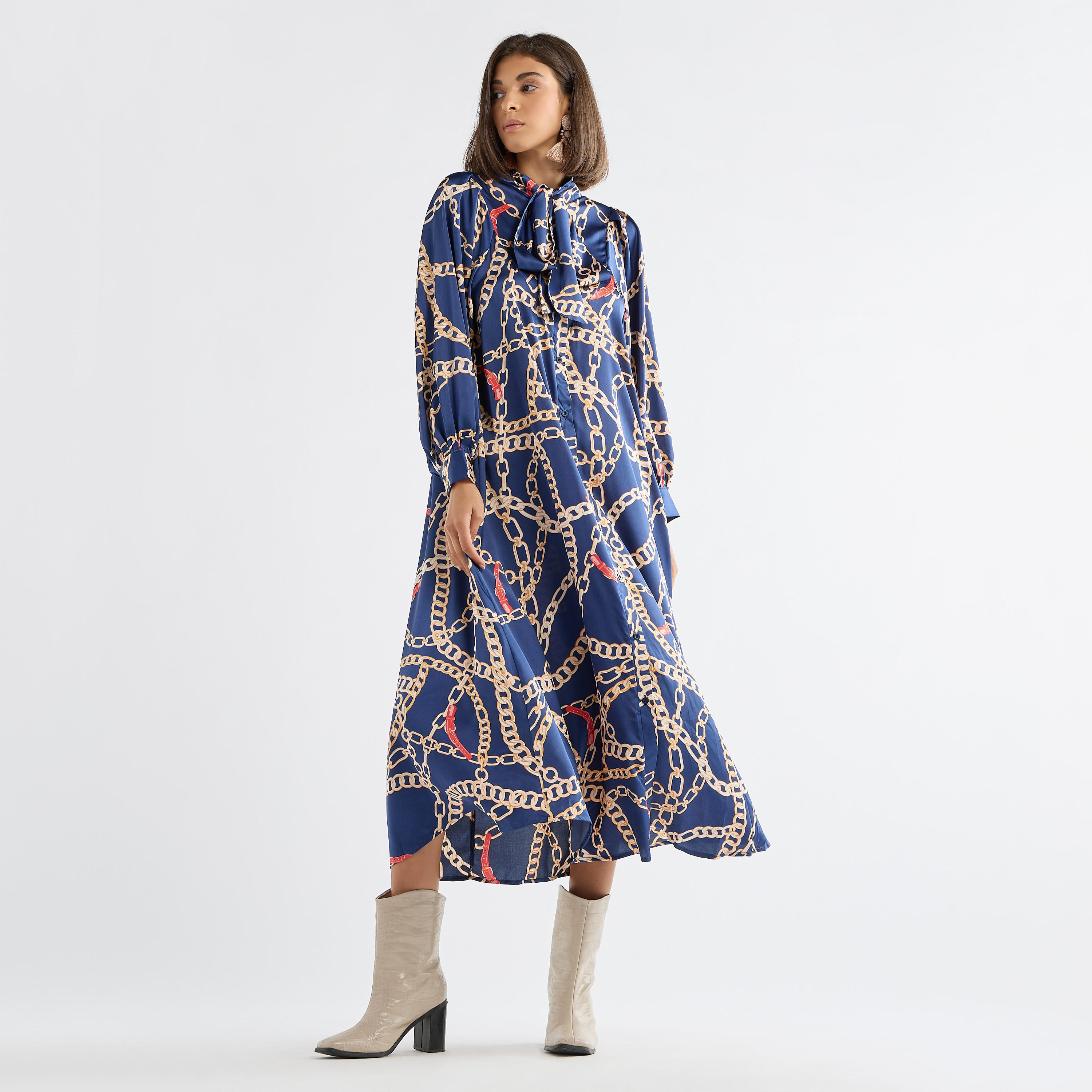 Printed Pussy Bow Neck Dress with Volume Sleeves-women-clothing-dresses-image-1