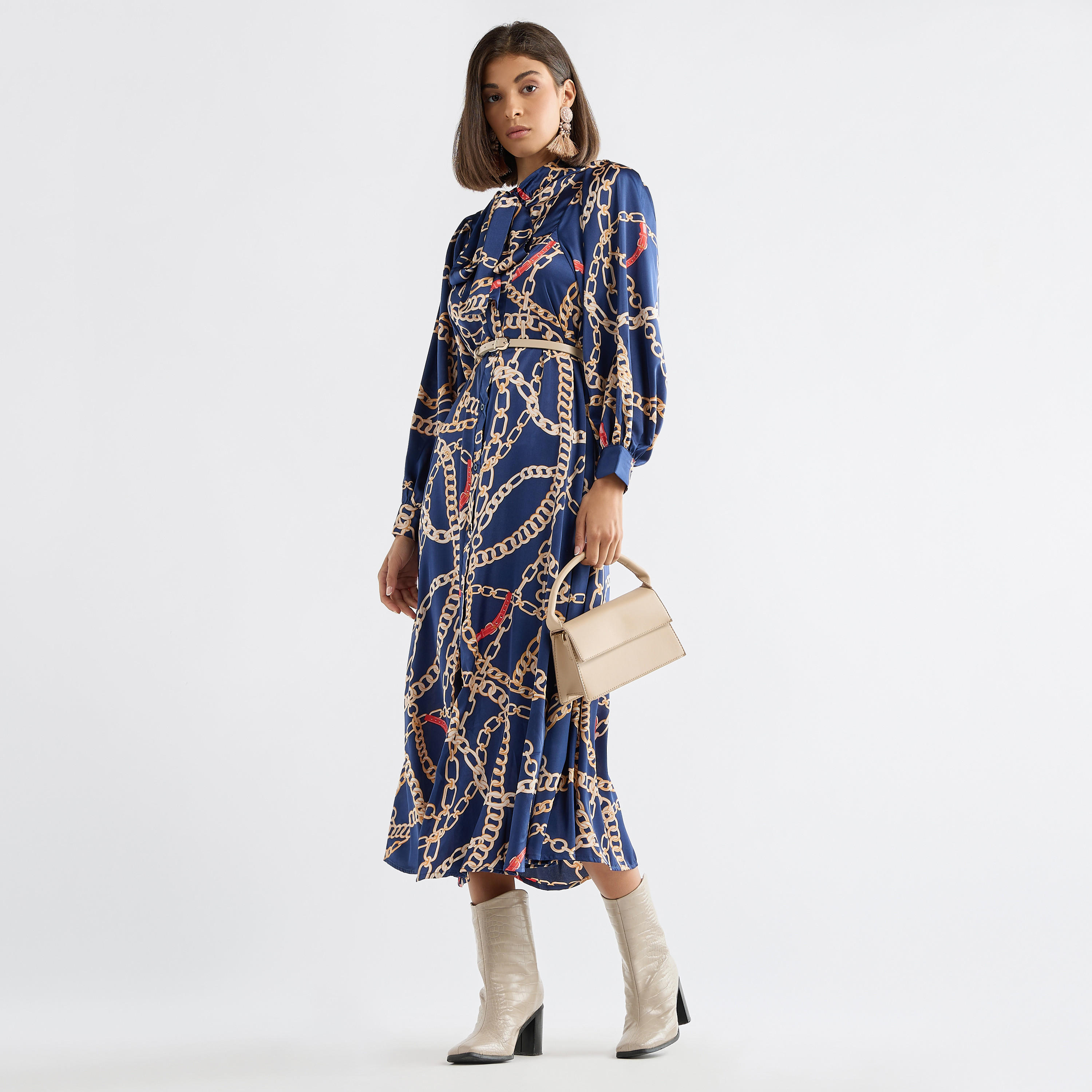 Printed Pussy Bow Neck Dress with Volume Sleeves-women-clothing-dresses-image-2