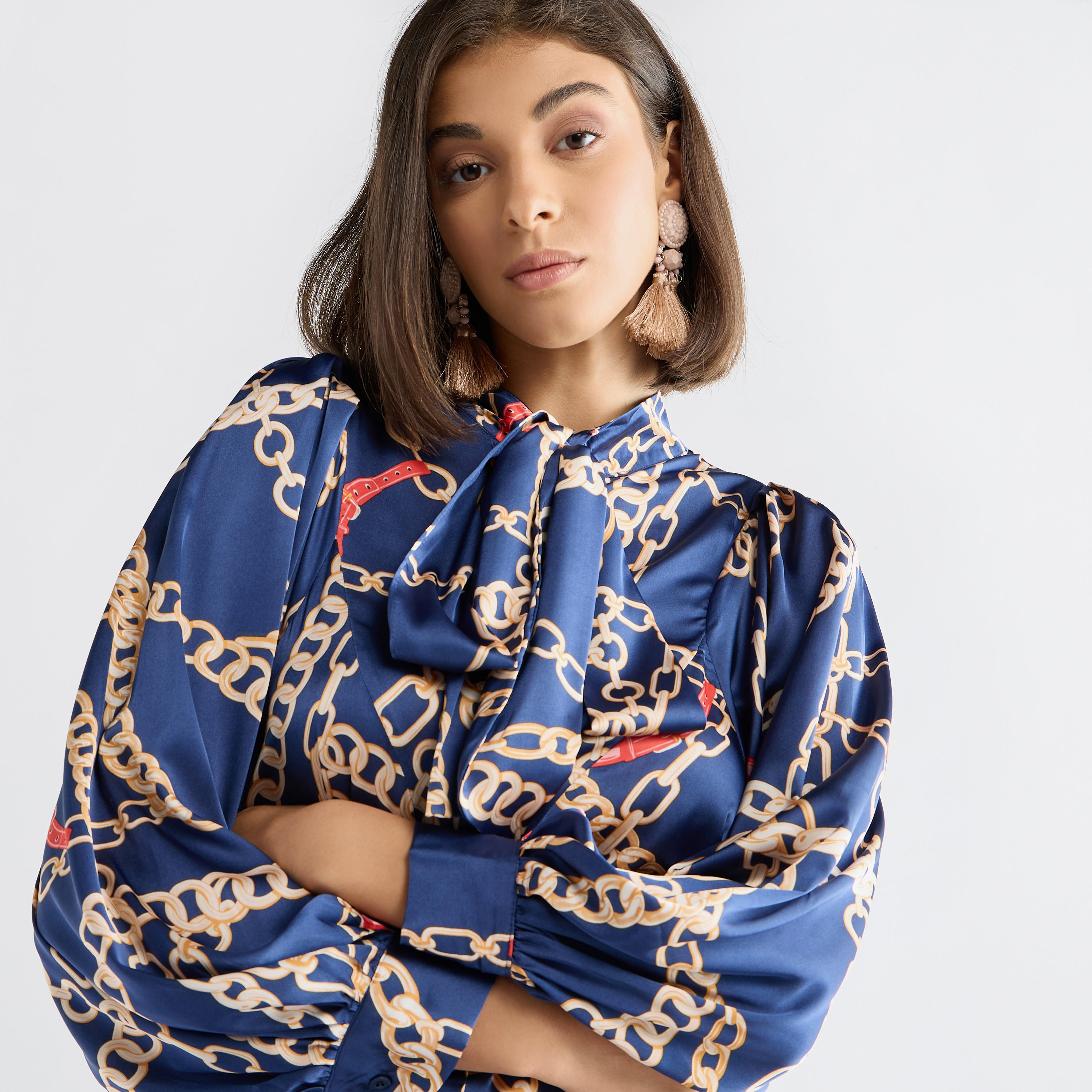Printed Pussy Bow Neck Dress with Volume Sleeves-women-clothing-dresses-image-4