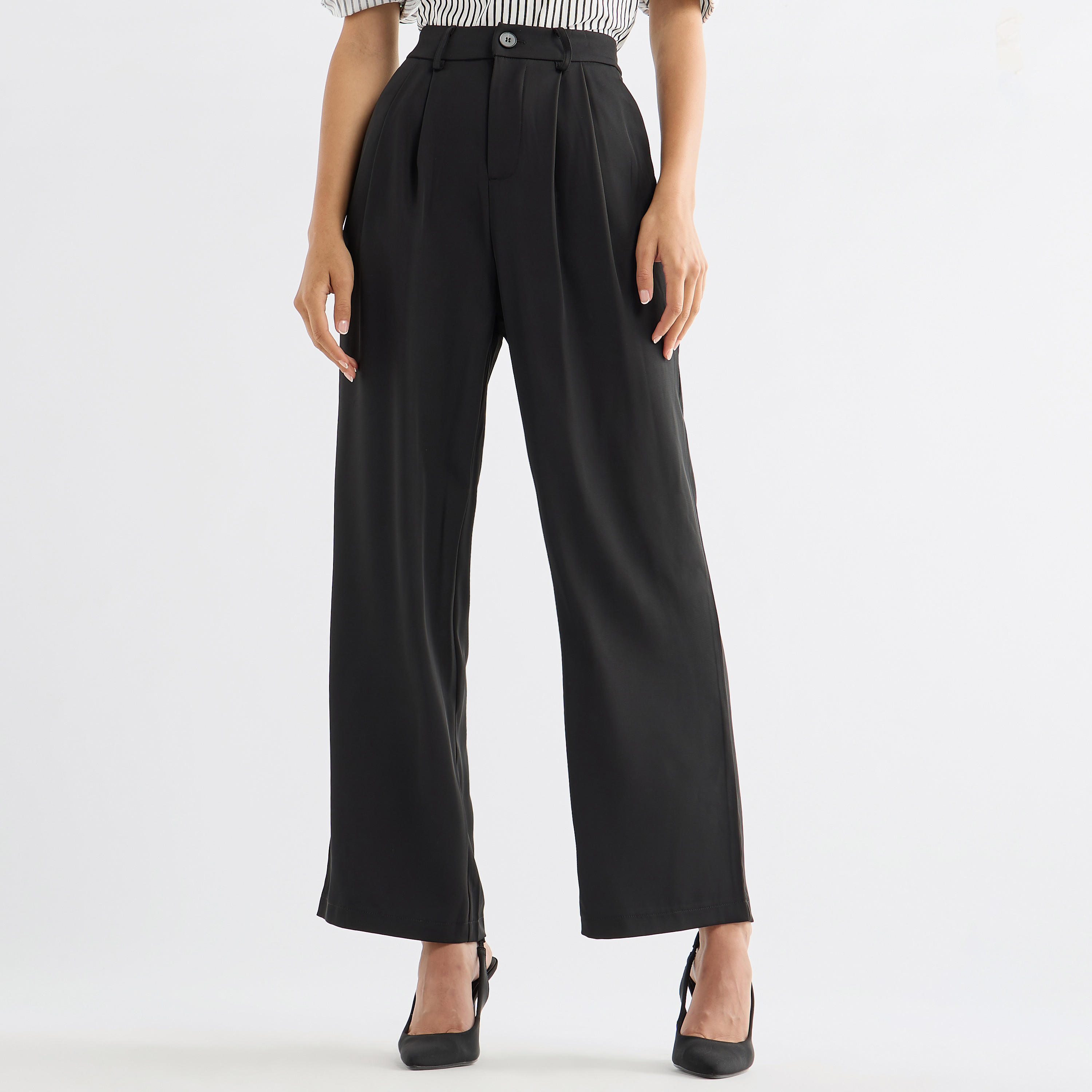 بنطلون سادة بقصة عادية وثنايا وجيوب-women-clothing-bottoms-trousers-image-4